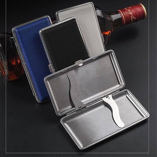 Miniatura 3 de Estuche para Cigarrillos Elegante de Superficie de Cuero con Caja de Metal para 14 Cigarrillos. Estuche de Doble Cara con Clip de Resorte para Negro