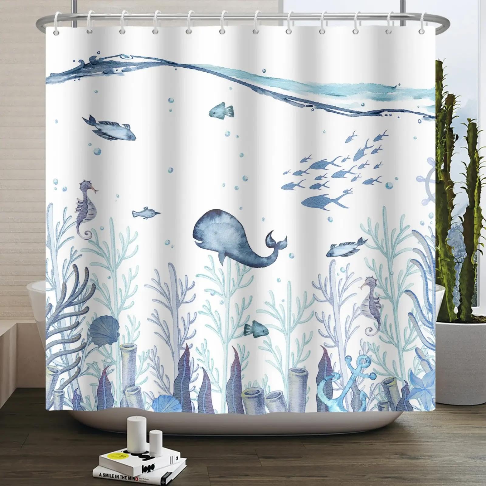 18meng Art Tenda da doccia blu pesce, oceano, 200 x 300 cm, antimuffa, in tessuto, lavabile, bianco, viola, motivo alghe, impermeabile, in poliestere, per bagno con 12 ganci