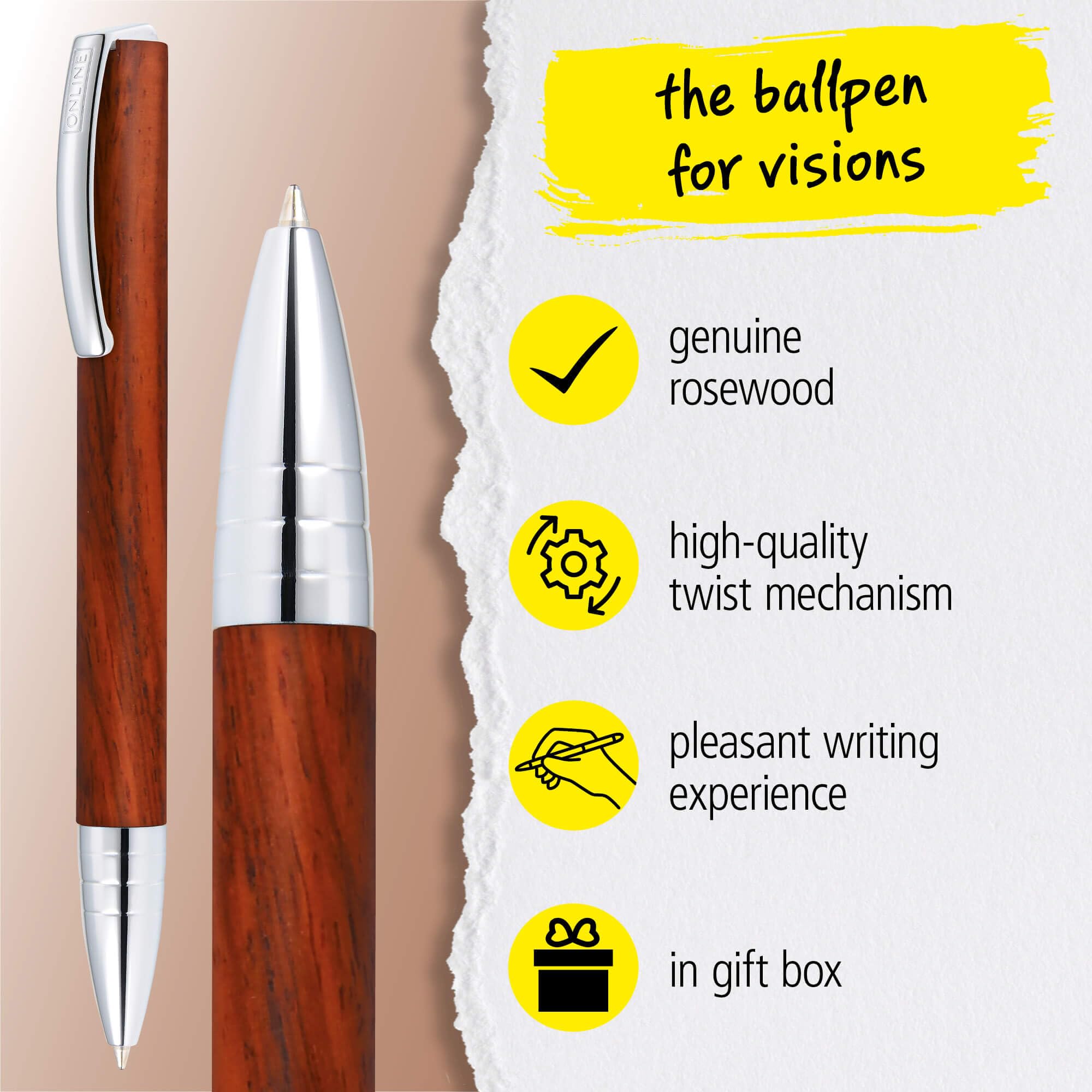 ONLINE Vision Nature Rosewood ballpoint pen I elegant twist ballpoint pen made of wood and metal I with international king size refill I nib size M (medium) I writing colour black I in gift box - Image 2