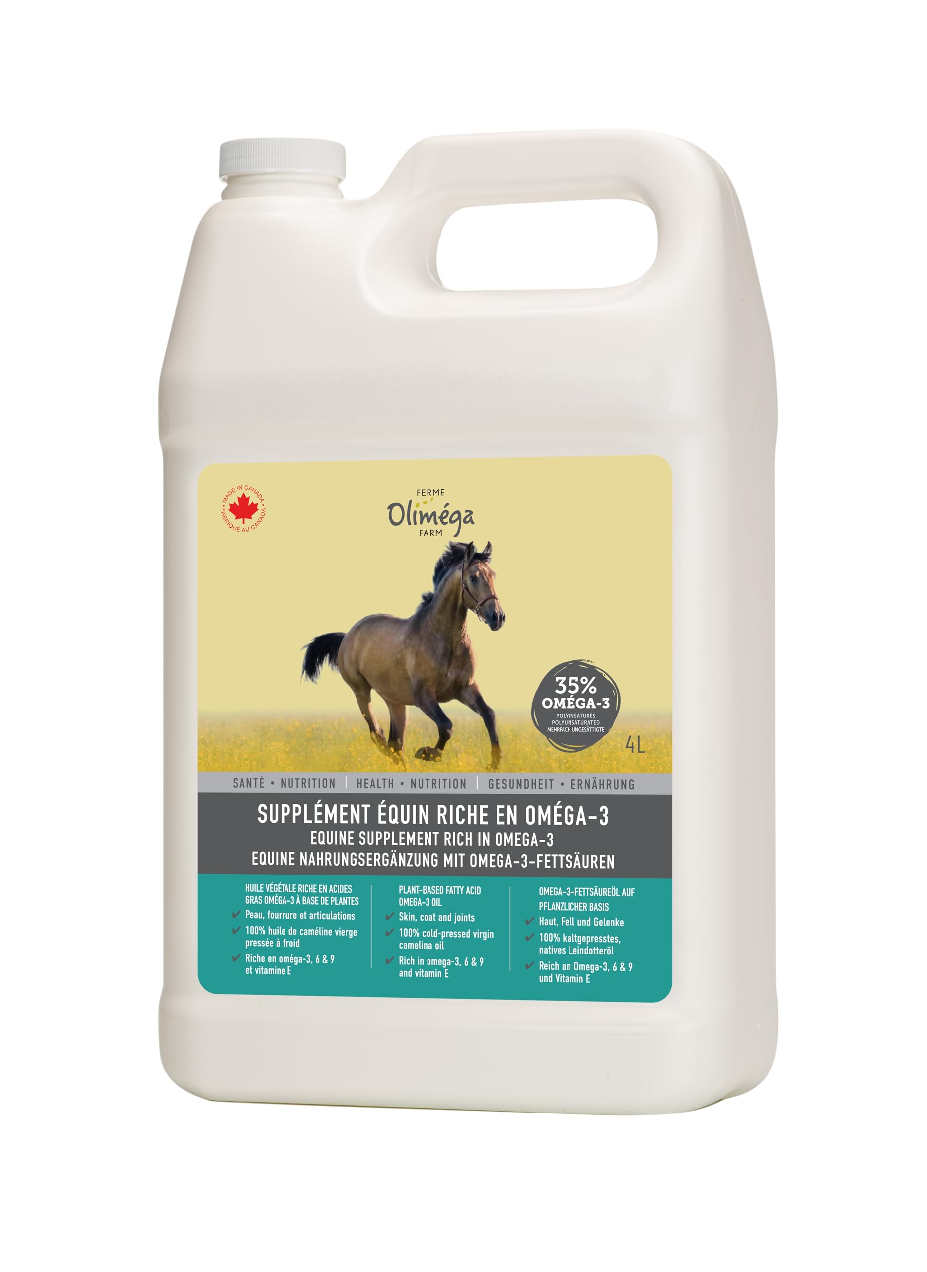 Ferme Oliméga, Huile de Caméline pour Chevaux 4L, Riche en oméga-3 polyinsaturés, Vitamine E, Pure et Pressée à Froid. Articulation Produit du Canada.