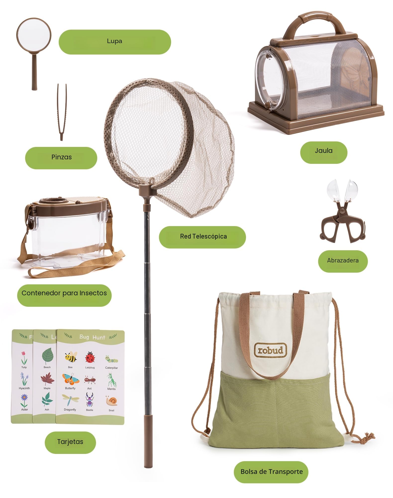 ROBUD Juego de exploración y descubrimiento con atrapalinsectos, lupa y mariposa, bolsa de transporte, juguetes para niños y niñas a partir de