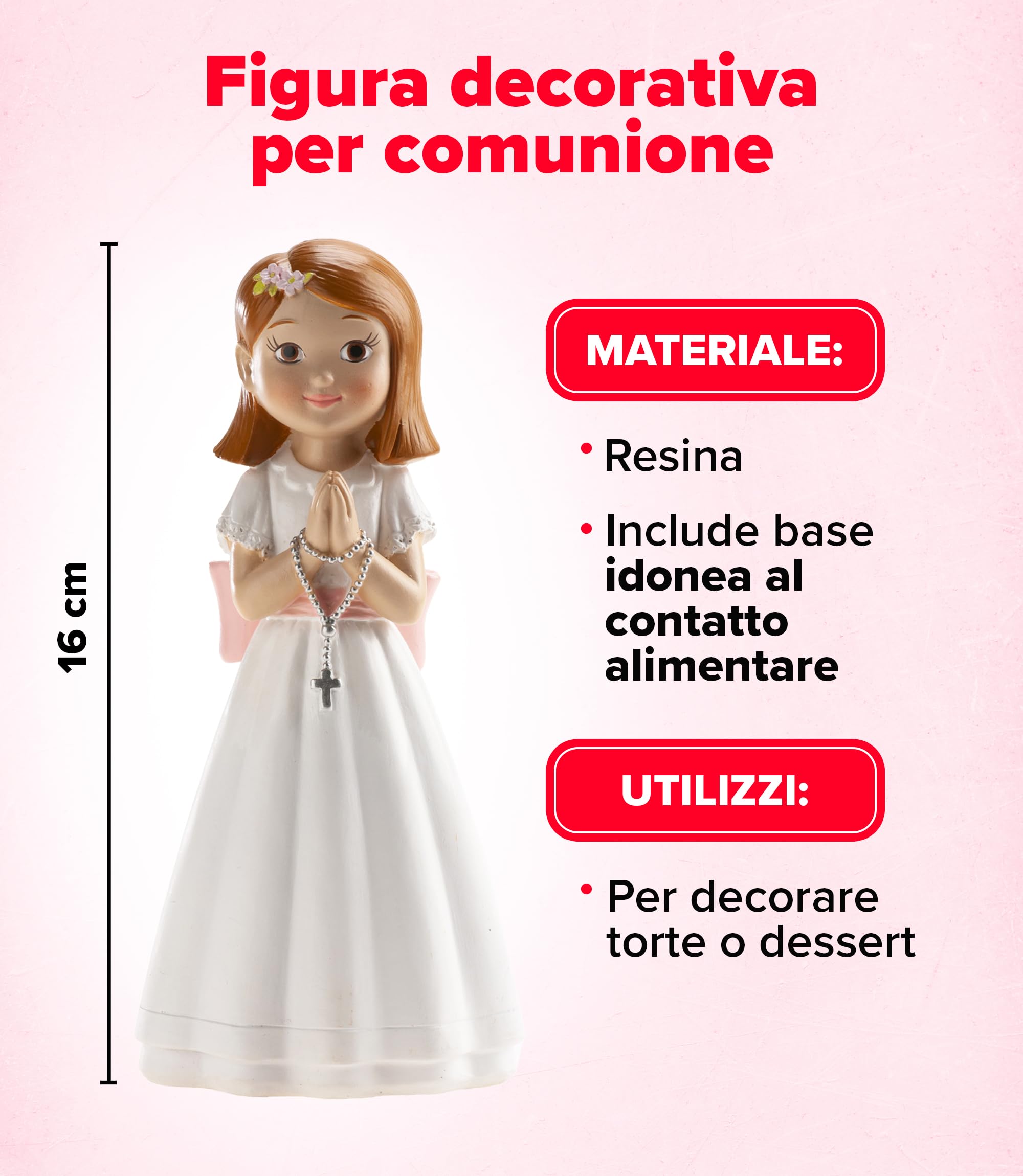 dekora – Cake topper comunione bambina con rosario e fiocco rosa 16 cm, Figura decorativa per torte di Prima Comunione - 4