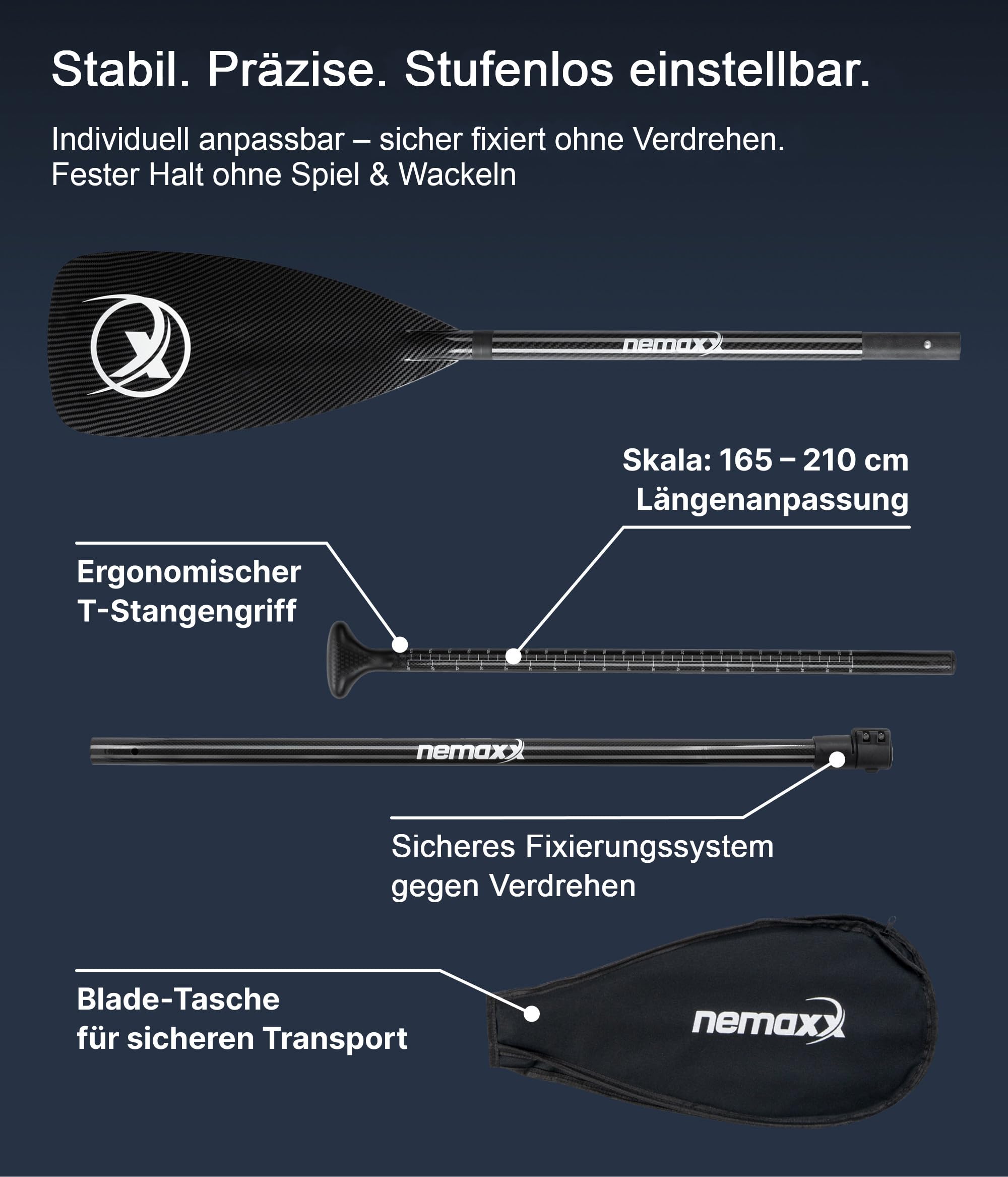 NEMAXX® pagaia SUP – 3 pezzi, telescopica regolabile, alluminio/carbonio, ultraleggera, sistema anti-twist/impugnatura ergonomica – per SUP, kayak, canoa e gommone (diversi modelli e lunghezze)