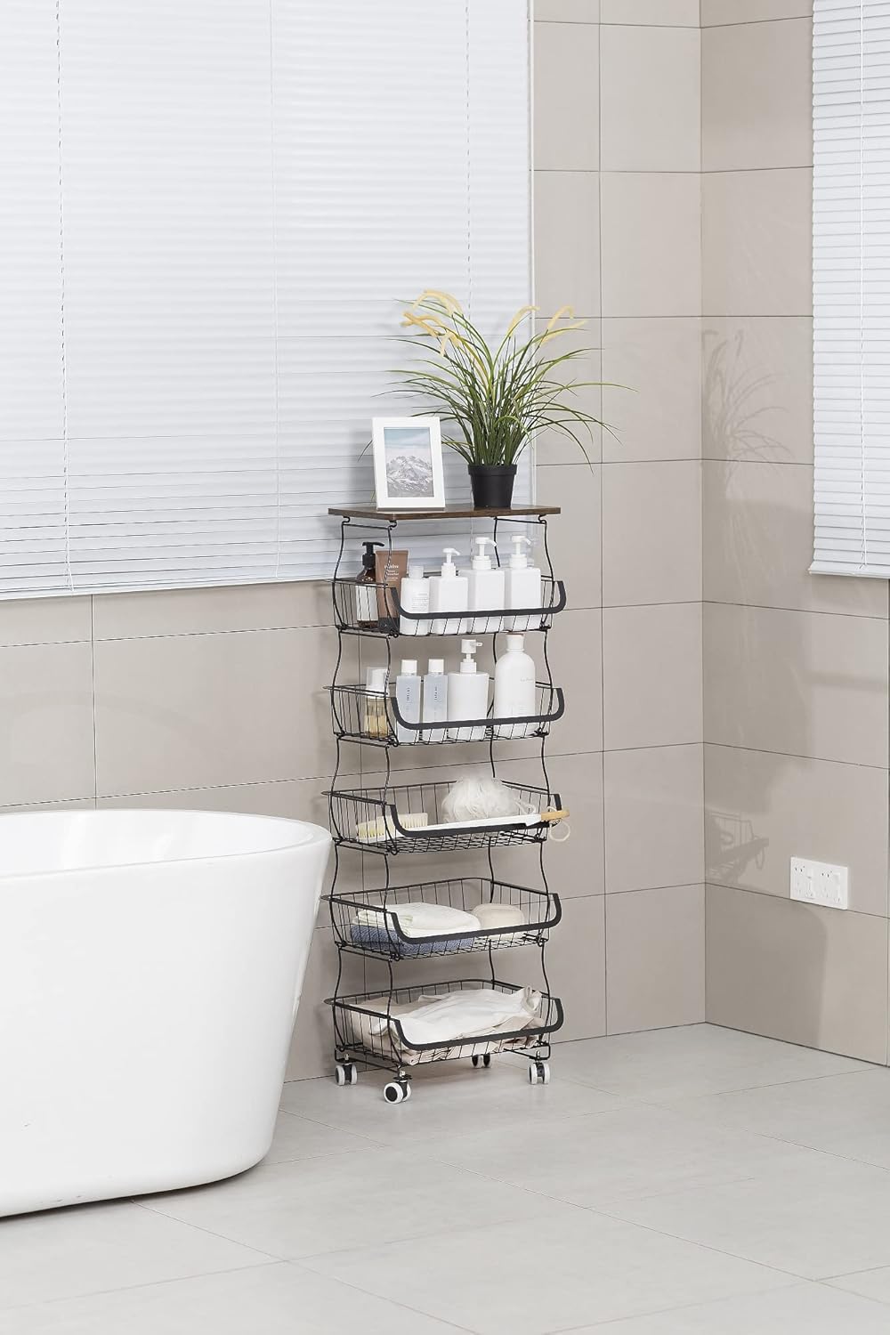 6 Tier Rolling Vegetable Cart Fruit Organizer Stand Stackable Wire Basket Stand Storage Utility Metal Cart with Wheels for Kitchen Bathroom Living Room Bedroom Laundry Room Office (With Tabletop)