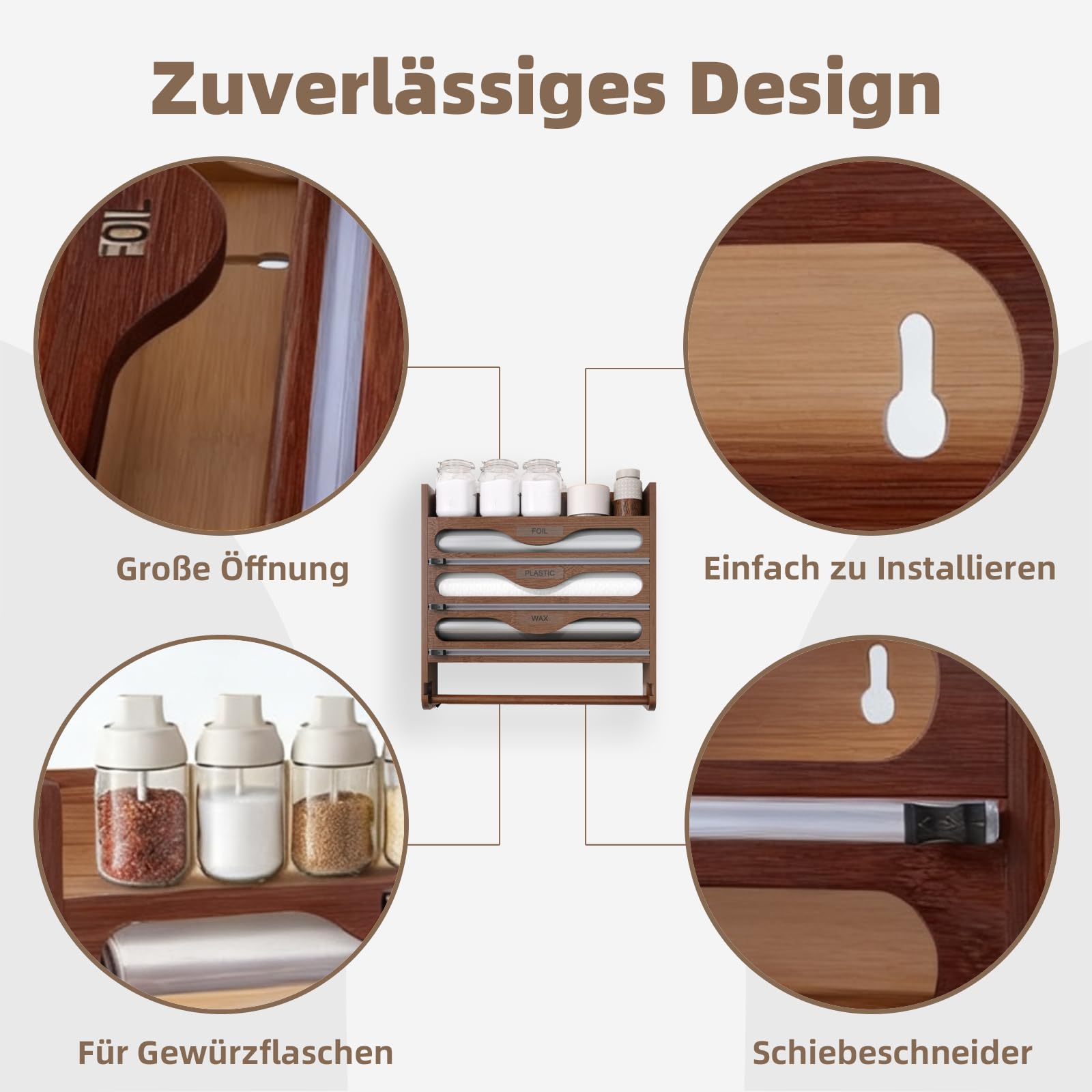 Dispenser per Pellicola Trasparente 4 in 1 con Portarotolo da Cucina,Organizer da Parete per Fogli di Alluminio,Pellicola di Plastica e Carta Oleata,Contenitore Multiuso con Rotolo-Braun
