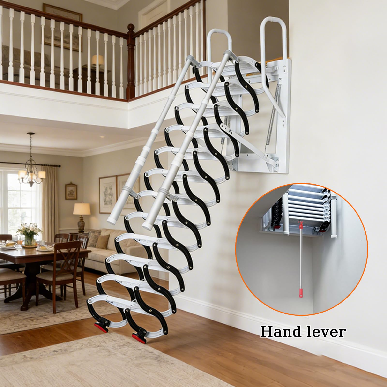 2.25m Dachbodentreppe, Extra-Breite Einziehbare Dachboden Klappleiter, Stahl Wandmontierte Versenkbare Treppe mit 2 Handläufen, tragend für 350 kg Abstellräume, Keller und Garagen (9 Stufen)