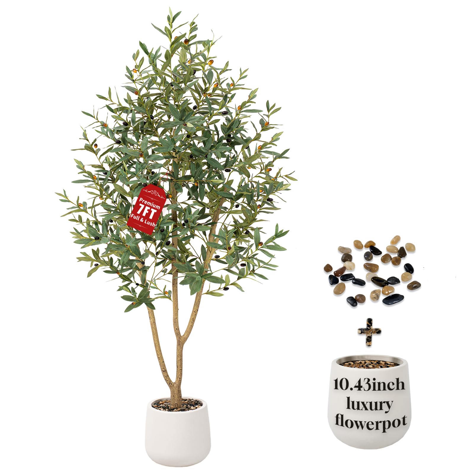 Keeplush 210cm Olive Trees Artificial, Large Faux Olive Tree with White Tall Planter, Faux Tree Indoor with Lush Lifelike Fruits for Living Room Bedroom Balcony Corner Office Home Decor