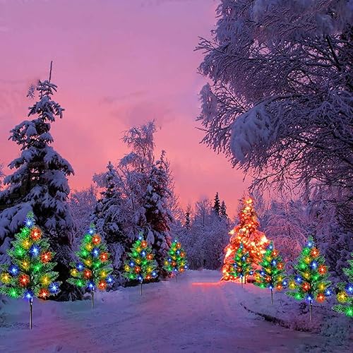 Miniatura 7 de Homeleo Paquete de 6 pequeños árboles de Navidad solares para decoración al aire libre, árbol de Navidad artificial preiluminado de 120 LED, mini