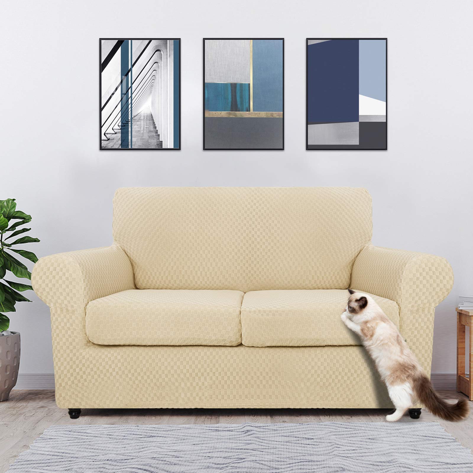 MAXIJIN Copridivano elasticizzato a 2 Posti con 2 Copricuscini, Copridivano antiscivolo a due posti con Copricuscino Separato per animali domestici, cani (2 Posto, Beige Chiaro)