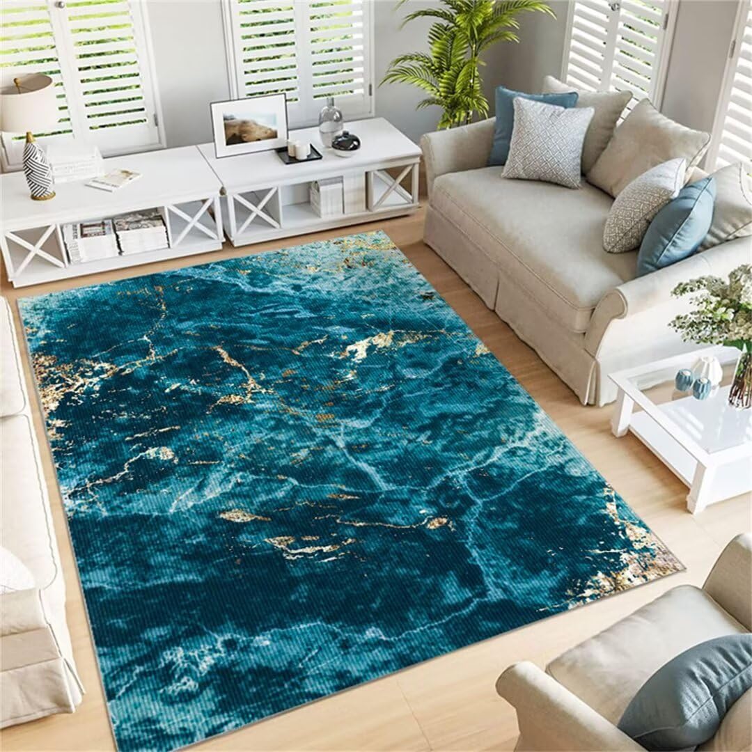 Tapis de chambre lavable bleu 180x250cm grand tapis salon doux motif abstrait