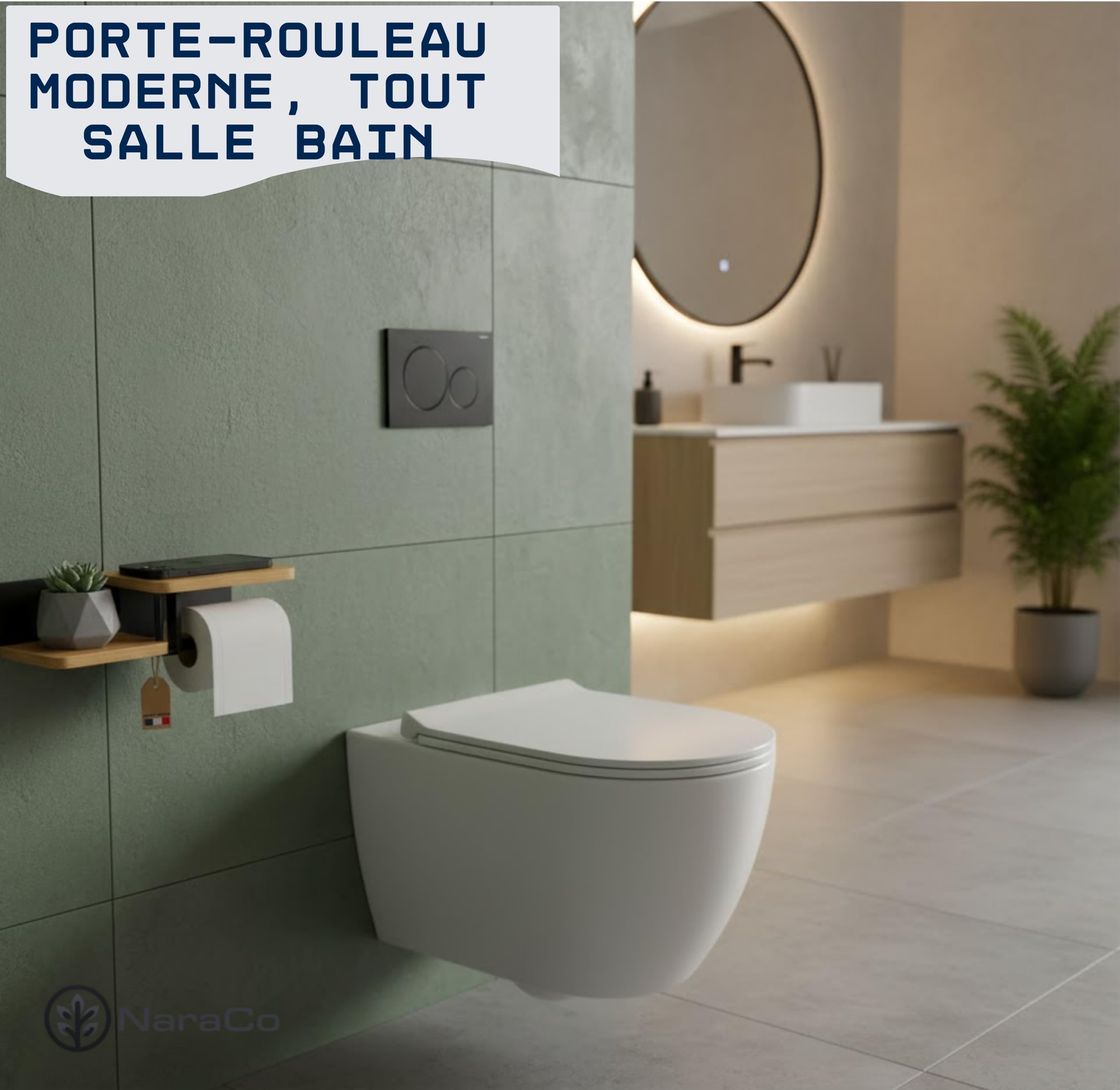 Porte Papier Toilette Mural de qualité supérieure en Bois de chêne Véritable et Acier Inoxydable | [sans Perçage] | Design Moderne | Déja Assemblé | Dérouleur WC avec Doubles Étagères