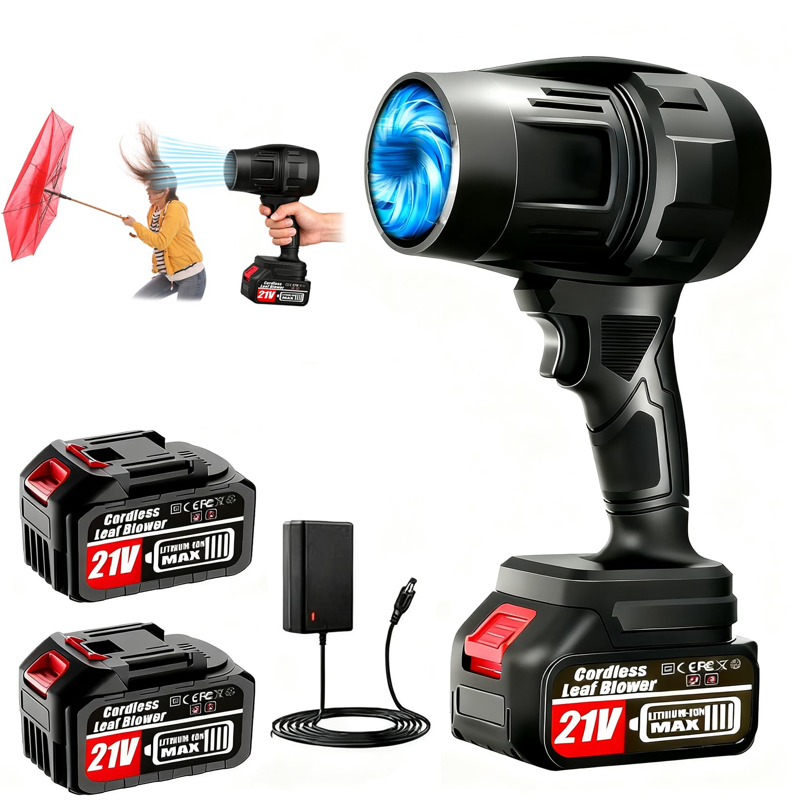 Soffiatore per foglie senza fili, con 2 batterie da 4,0 Ah e caricabatterie, 600.000 giri/min, soffiatore portatile leggero con velocità regolabile per pulizia patio, cura del prato, auto, soffiaggio
