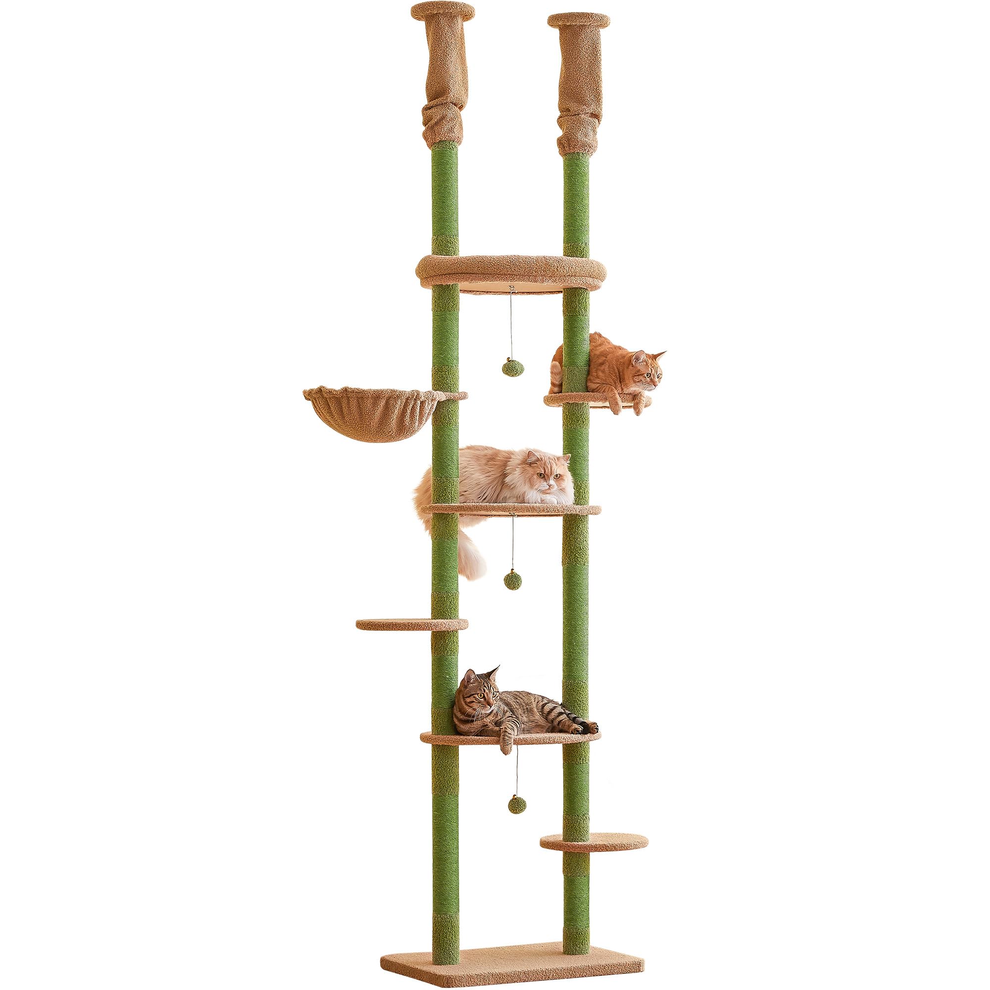 Quuzee Cat Tree, Floor to Ceiling Cat Tower Adjustable Height 235-258cm, 7 Tiers Cat Climbing Play House with Scratching Post, Cozy Condo & Hammocks for Indoor Cats, Green
