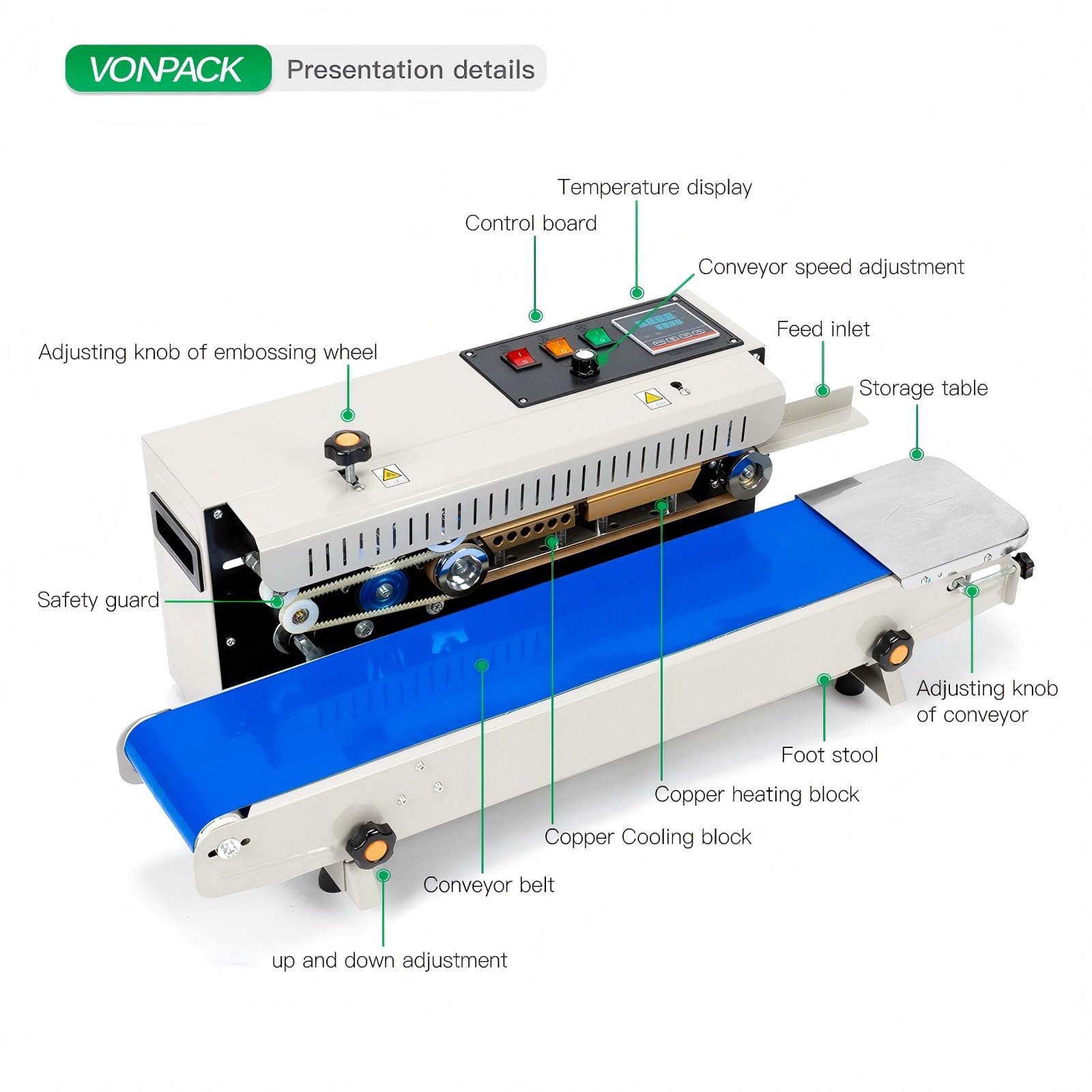 VONPACK FR-900 Máquina automática de sellado de banda continua, sellador de bolsas, fábrica industrial, máquina de embalaje de cocina, sellado térmico, control inteligente de temperatura ajustable