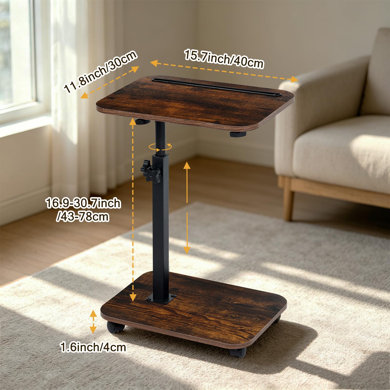 comfoyar Tavolino a Forma di C con Ruote Regolabile in Altezza(43-78cm), Girevole 360° Tavolino di Divano con Slot per Telefono e Tablet, Tavolino da Caffè Legno per Letto Soggiorno, Piccolo Spazio