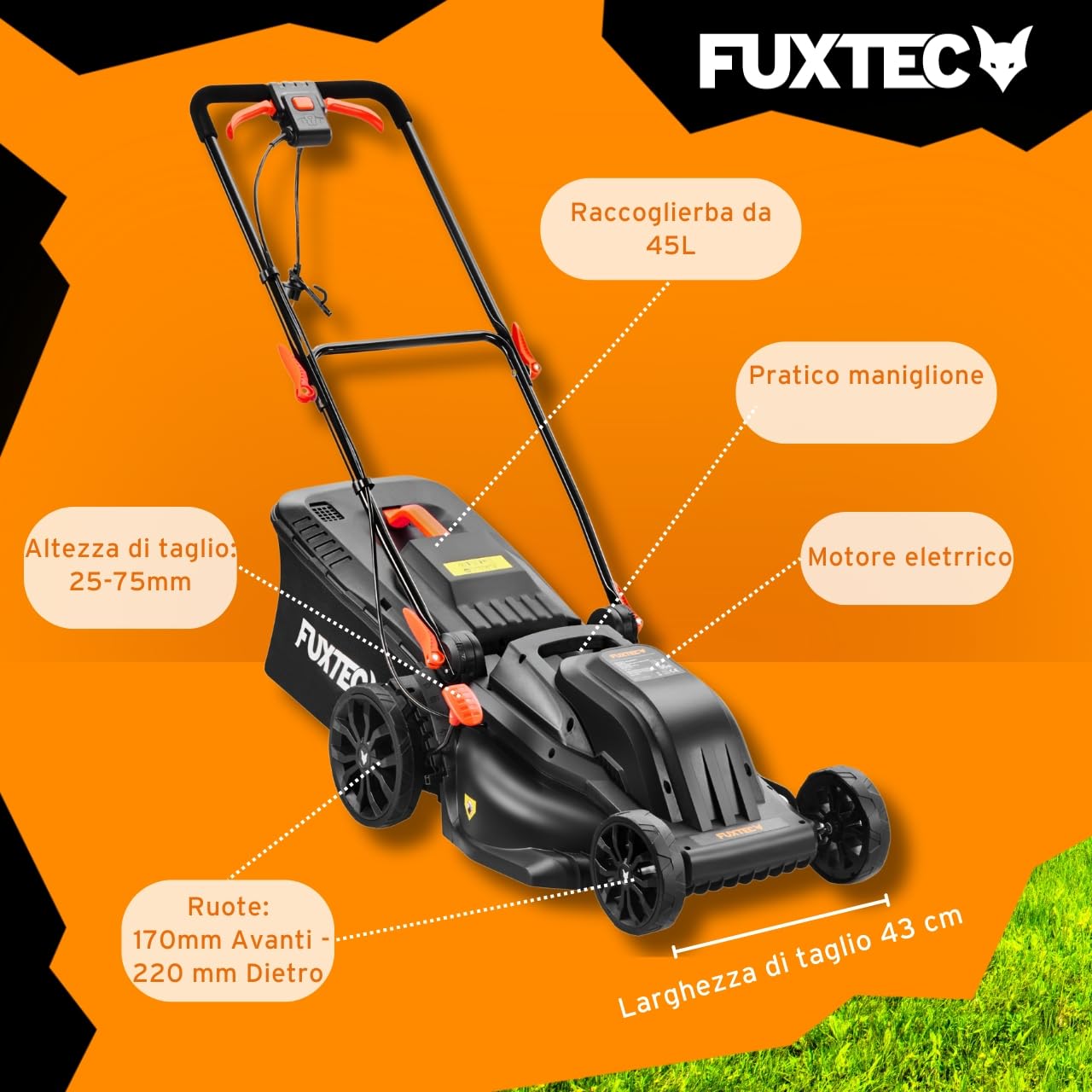 Tagliaerba Elettrico FUXTEC FX-RME43-44 cm Larghezza di Taglio, Cesto da 45 L, Altezza Regolabile 25-75 mm, Tosaerba Silenzioso ed Efficiente