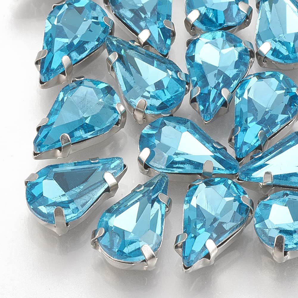 PandaHall 50pcs Teardrop Sew on Rhinestone Deep Sky Blue Crystal Glass Claw Rhinestones with Hole Platinum Prong Setting Flatback Claw for DIY Dress Clothes Shoes Bag Decorations