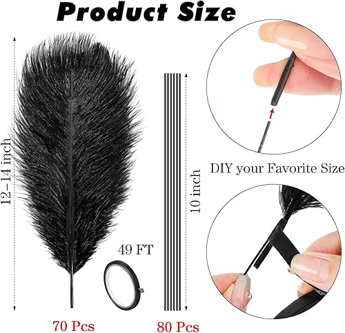 Miniatura 9 de Hanaive Juego de 150 plumas de avestruz a granel de 12-14 pulgadas (11.8-13.8 in), 70 plumas de avestruz grandes con 80 palos y cinta para