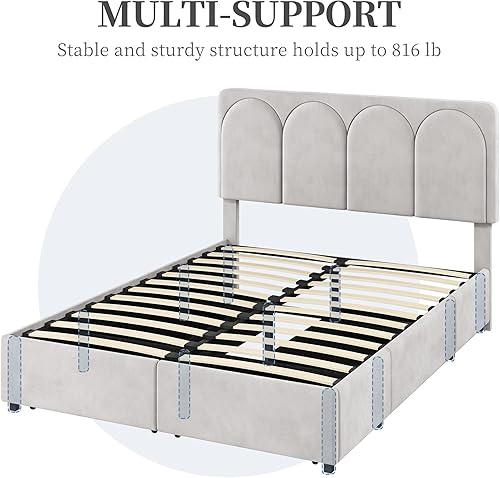 Miniatura 6 de Yaheetech Base de cama tamaño matrimonial con plataforma tapizada con 4 cajones de almacenamiento y cabecera ajustable, cabecera copetuda con canal