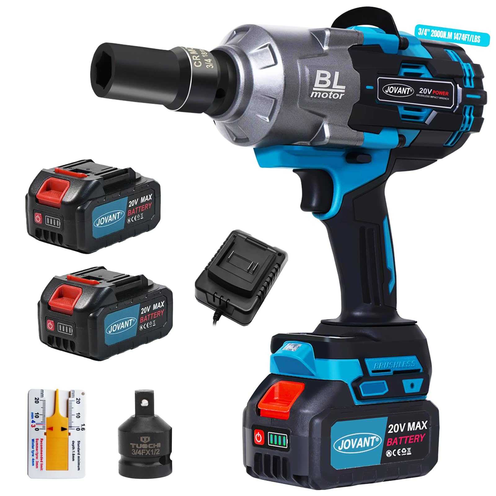 Kit de clés à chocs sans fil, pistolet à choc 20 V MAX 3/4, clés à chocs sans balais de 2000 N.m, clé électrique avec vitesse à 6 modes, 2 batteries de 4,0 Ah pour voiture/tondeuse