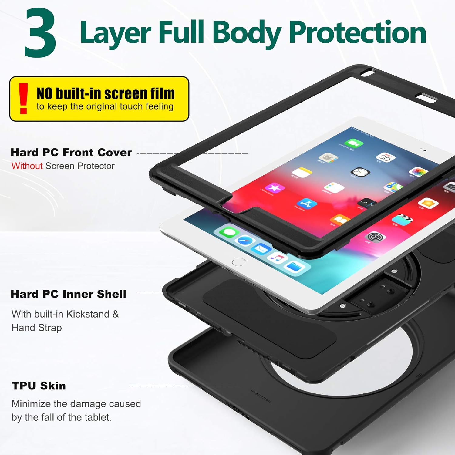 Get Special Price BATYUE iPad 9.7 Case 2018 iPad 6th Generation Case/ 2017 iPad 5th Generation Case, 3 Layer Heavy Duty Rugged iPad Air 2 Case/ iPad Air Case w/360° Swivel Stand + Hand Strap for iPad Pro 9.7 Case Black