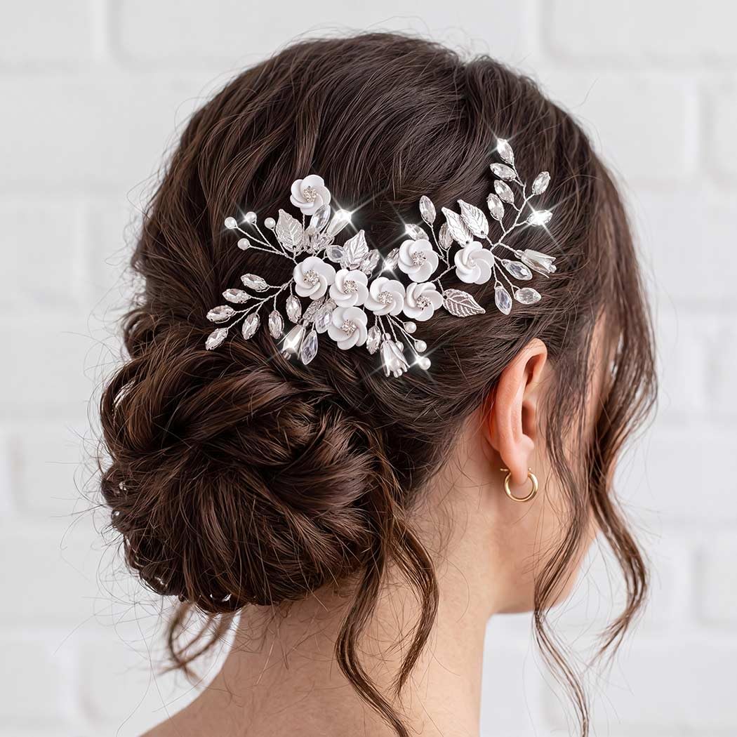 Catery Accessorio per capelli da sposa a forma di fiore e sposa, con cristalli argentati, accessorio per capelli per donne e ragazze (A-Sliver)