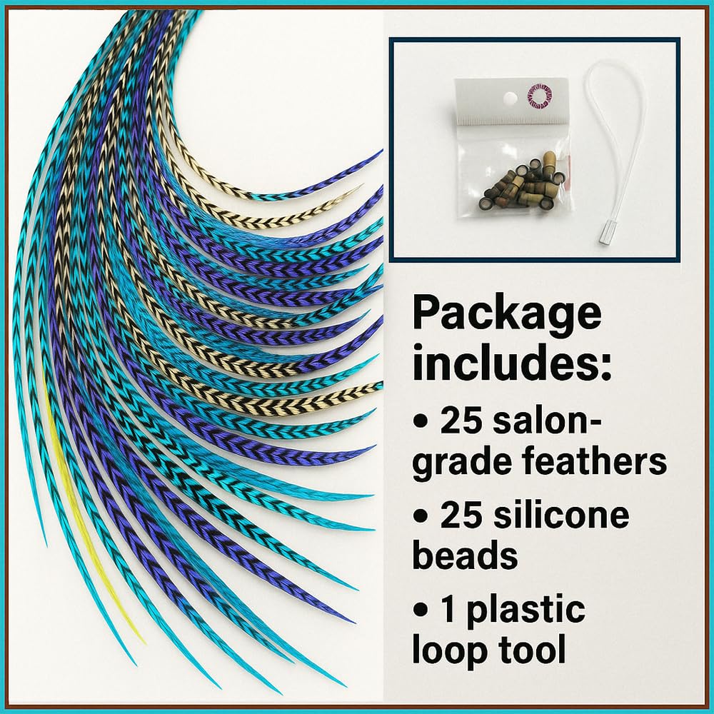 Sexy Sparkles - Kit di 25 extension per capelli con piume, 17,8 - 33 cm, 100% vere piume di gallo, ciocche lunghe e naturali (viola, blu, acqua, grizzly)