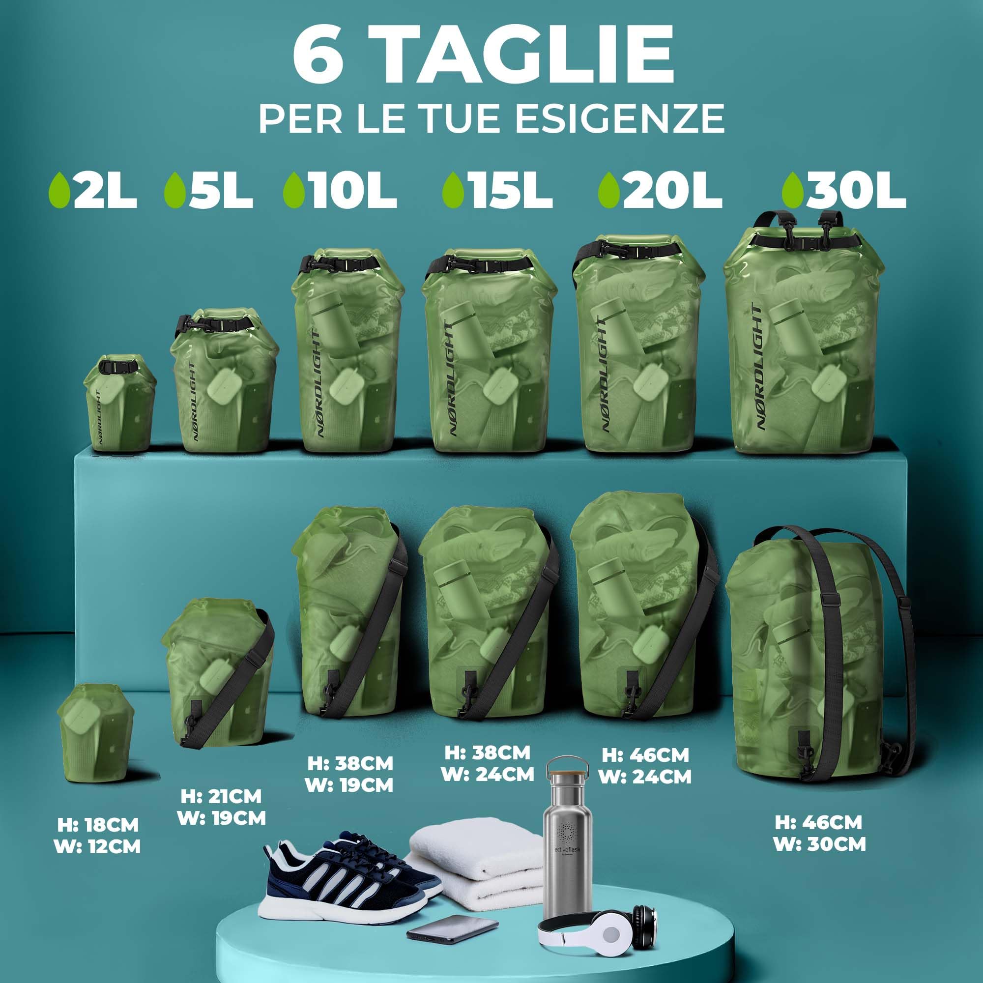 Nordlight Dry Bag Sacca Impermeabile - Zaino Impermeabile da 2l, 5l, 10l, 15, 20l, 30l, Sacca Stagna Borsa Impermeabile con Chiusura a Rotolo, Custodia Impermeabile per Cellulare e Marsupio