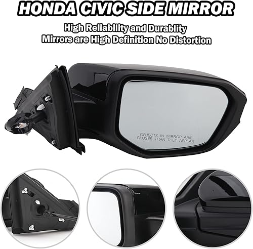 Miniatura 4 de Espejo lateral del pasajero compatible con Honda Civic 2016, 2017, 2018, 2019, 2020, 2021, espejo con cristal eléctrico, sin calefacción, plegable