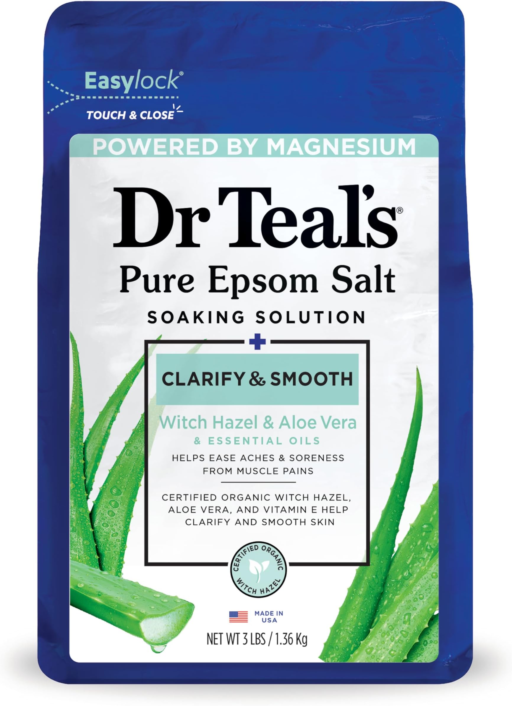 Dr Teal's Epsom Salt Magnesium Soak, Clarify & Smooth with Witch Hazel & Aloe Vera, 3 lbs