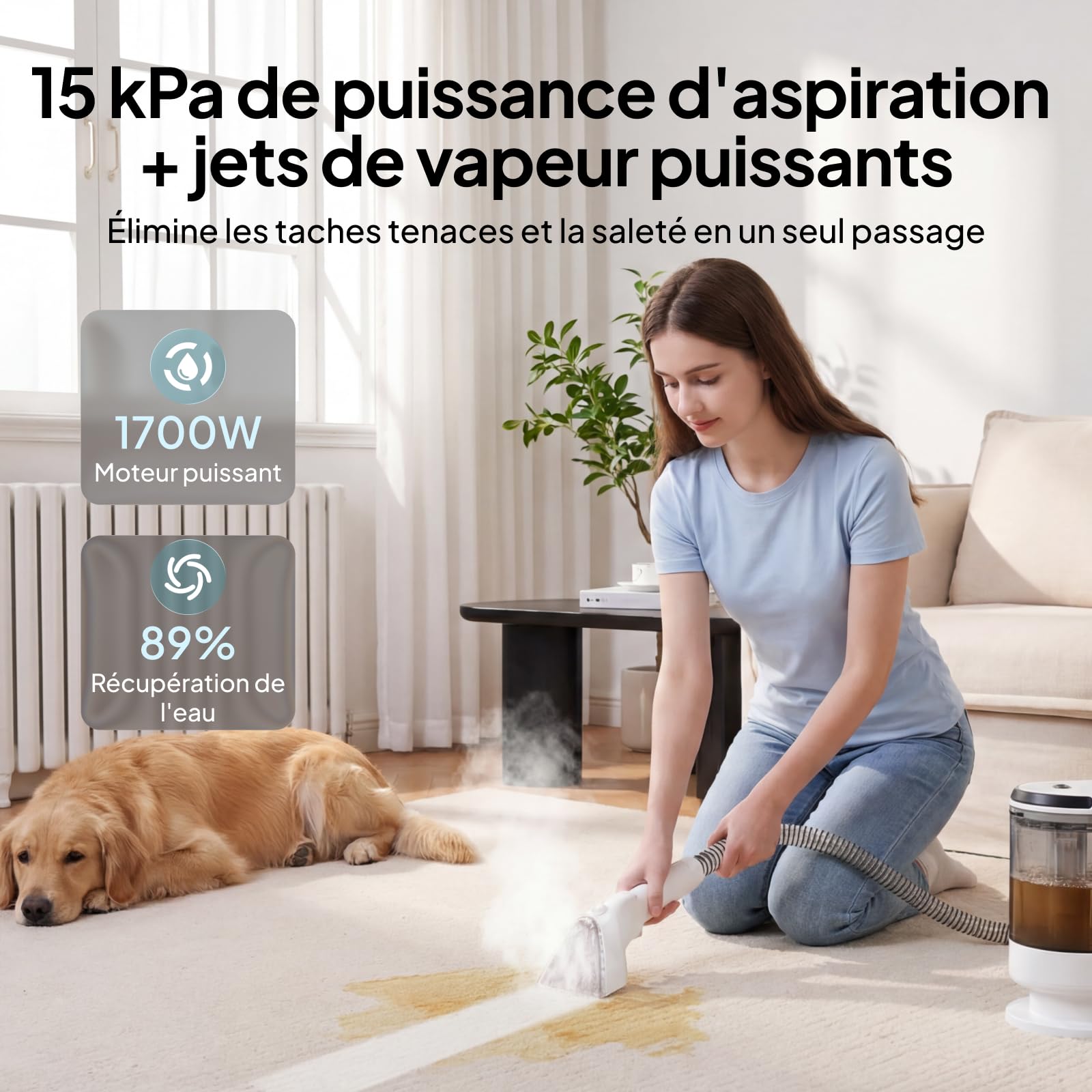 Livatro Shampouineuse Canapé, 1700W Nettoyeur Canapé Tissu, 15KPa Nettoyeur Vapeur Pour Canapé, Double Réservoir 1,6 L + 1,2 L, Fonction Autonettoyante,Injecteur Extracteur Pour Canape,Tissus,Voiture
