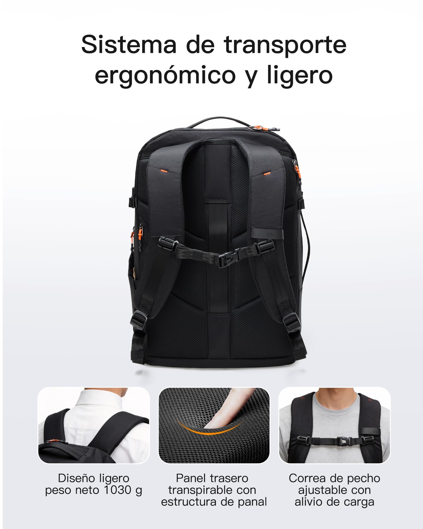 Inateck Mochila de viaje 38,5L de nailon reciclado, mochila de cabina para negocios con acceso rápido TSA, compatible con portátil de 15,6–16", sistema trasero ligero y transpirable