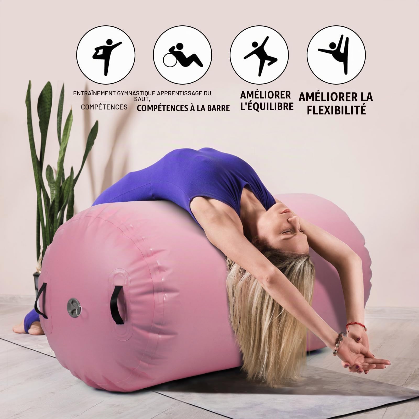 Todeco Air Roller 120x75cm Gonflable Rouleau d'Air, Cylindre de Gymnastique, Barrel Gymnastique Tumbling, Tapis de Gymnastique, Rose