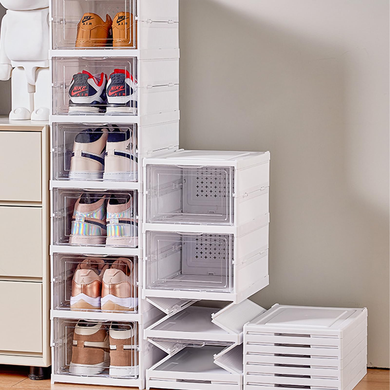 Set di 6 scatole trasparenti per scarpe, organizer per scarpe, senza installazione, impilabili, in plastica trasparente, con coperchio, per donna/uomo, 34 x 25 x 16 cm