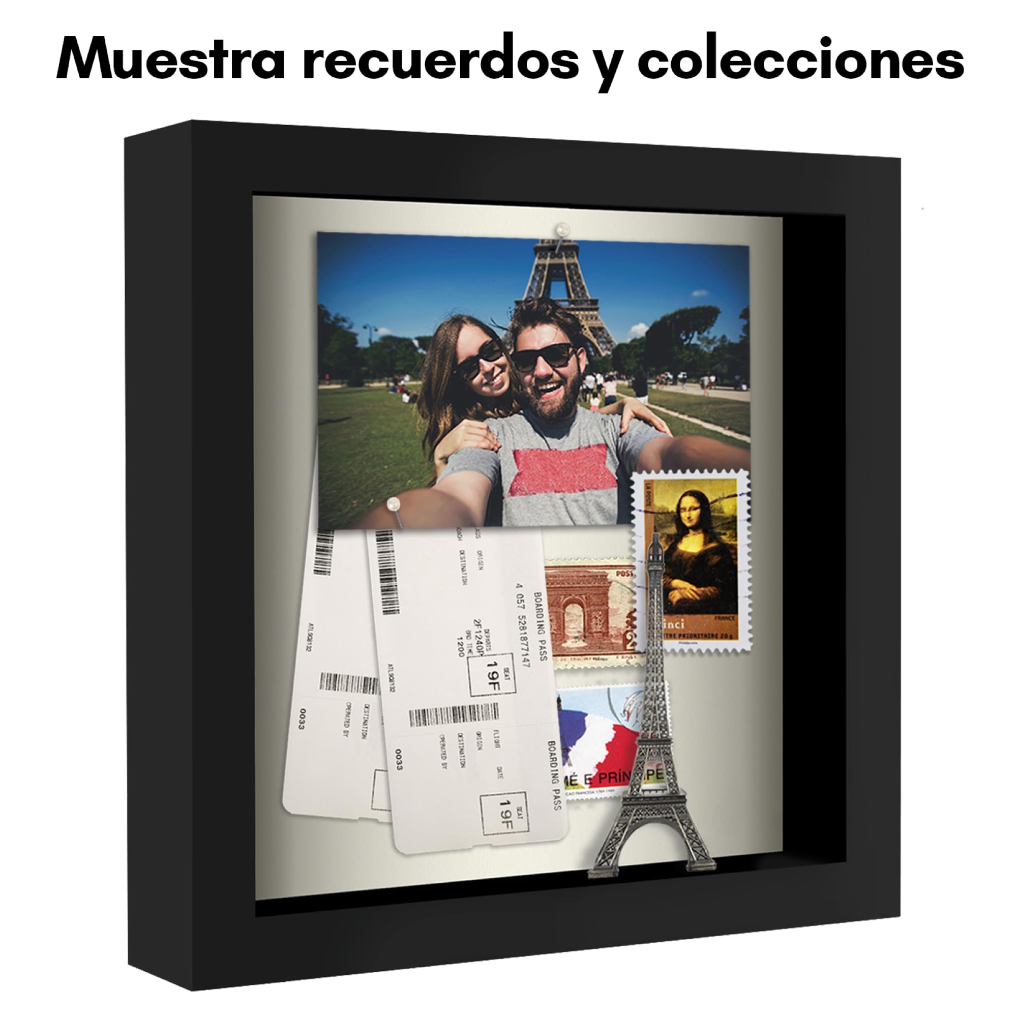 Americanflat 20x20 cm Marco con Profundidad - Pack de 2 - Negro Marco de Fotos de Madera con Cristal Irrompible, Parte Trasera de Lino Suave y Accesorios para Colgar