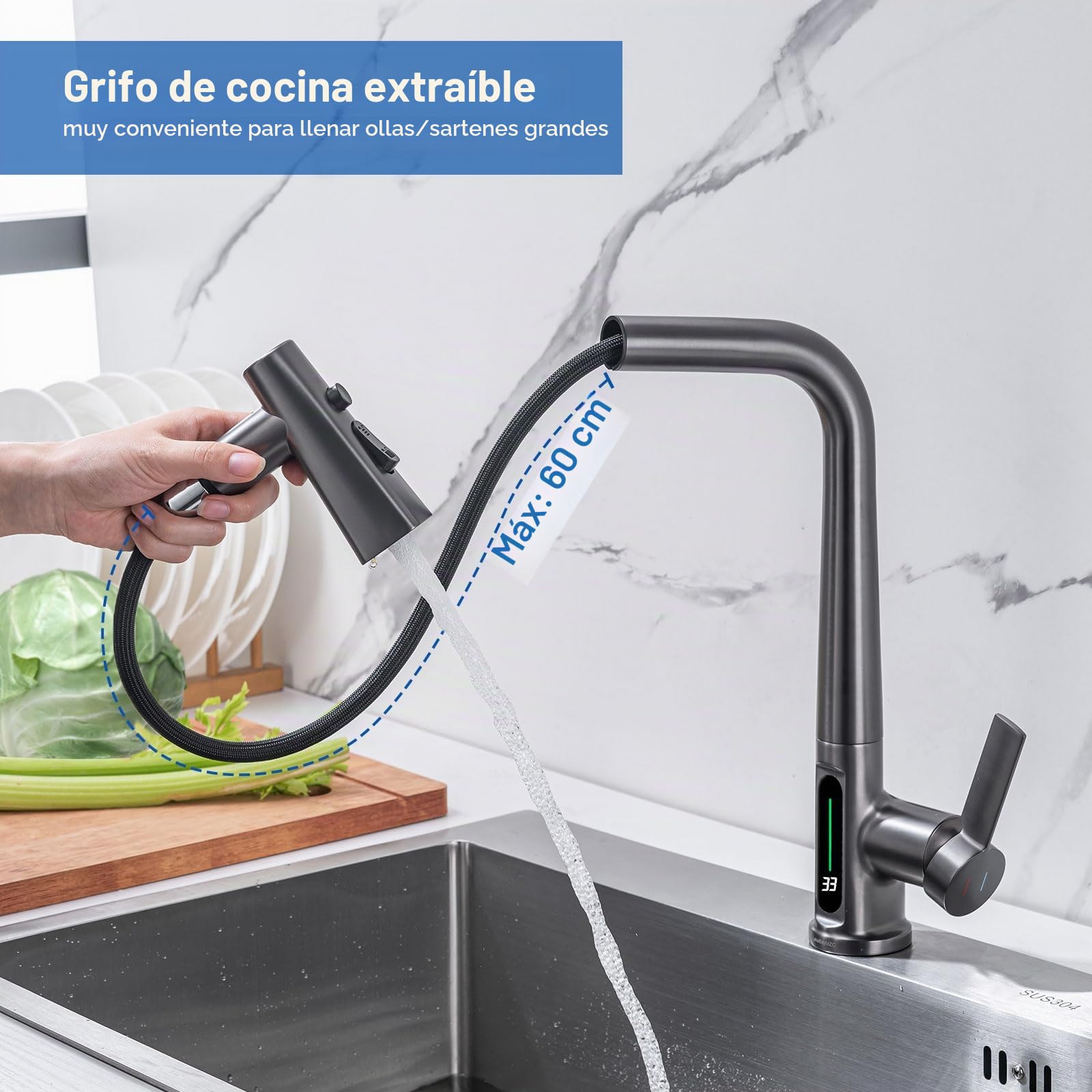 Grifo de Cocina Extraible Gris con Temperatura LED, 3 Modos de Salida Agu | Grifo Cocina LakeBayMZC Giratorio 360° con Temperatura LED, Grifo Monomando Para Cocina Con 3 Tipos de Chorro, Gris 360°