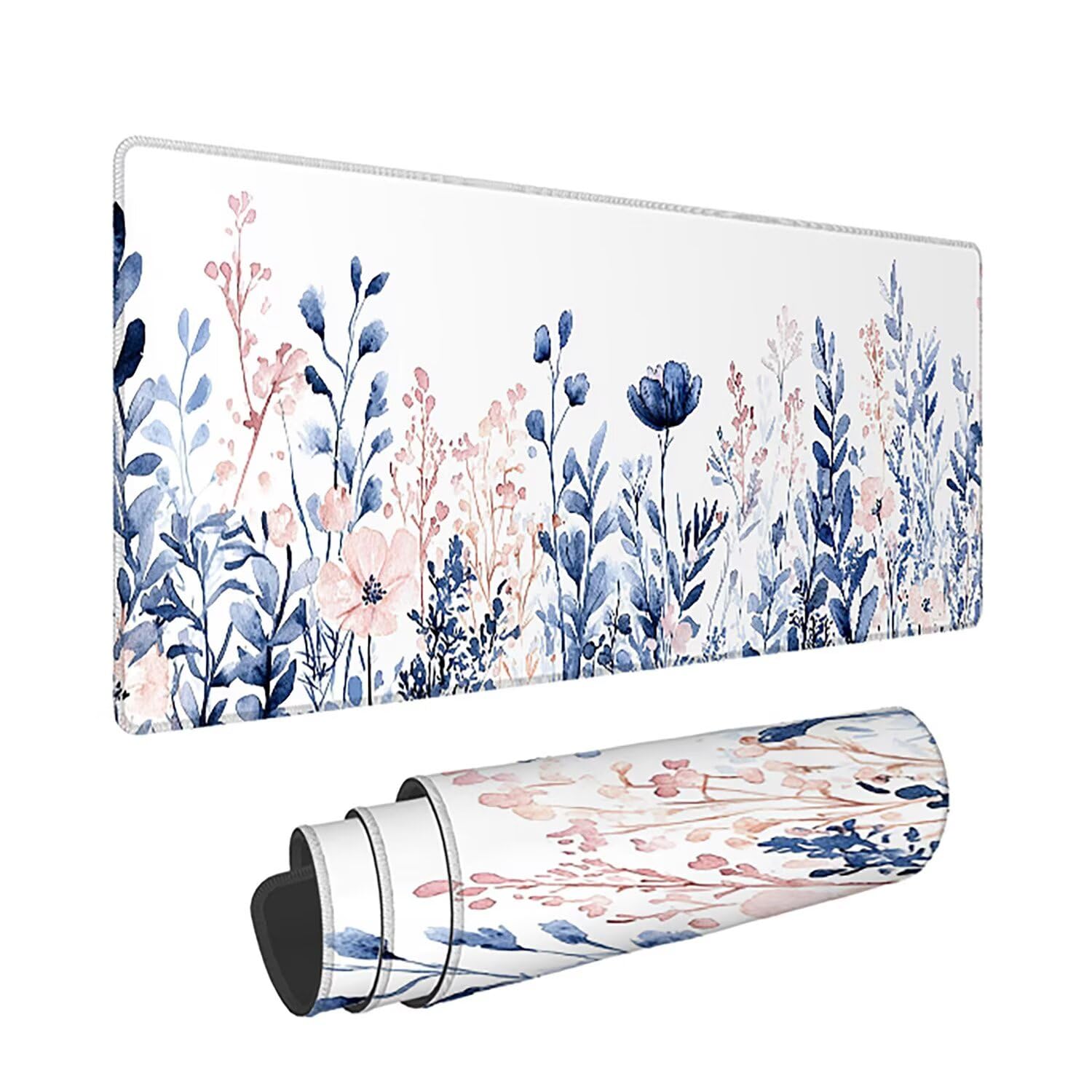 Podkładka pod mysz XXL, kwiat, duża podkładka pod mysz dla graczy, 1600 x 800 x 3 mm, biała podkładka pod mysz ze szwami na krawędziach, ponadwymiarowa, antypoślizgowa gumowa podkładka pod mysz