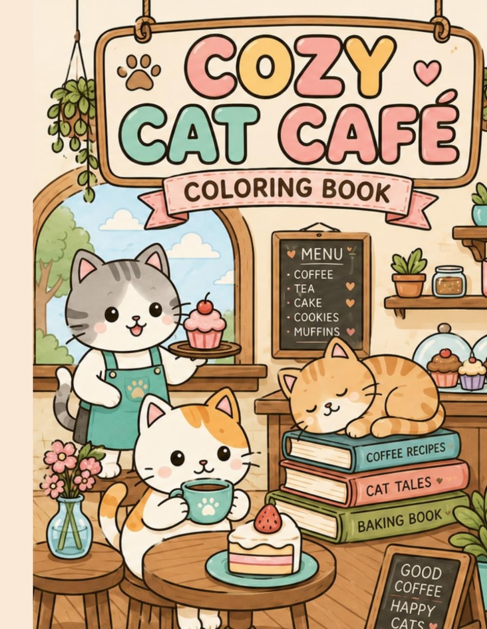 Cozy Cat Café Coloring Book: Cute Kawaii Cat Scenes for Relaxation, Stress Relief, and Creative Fun