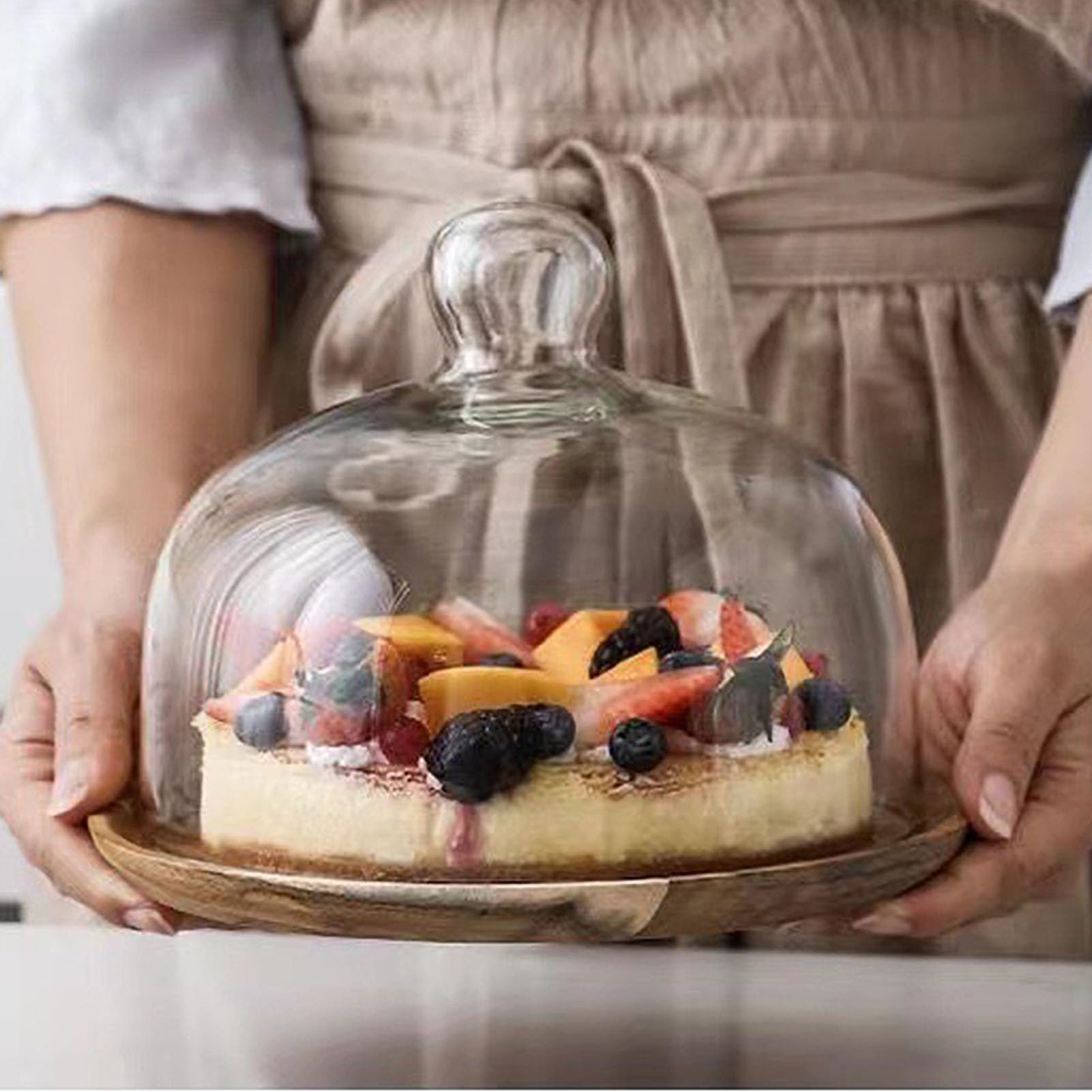 Présentoir à Gâteaux avec Dôme en Verre, Base en Bois capacité de