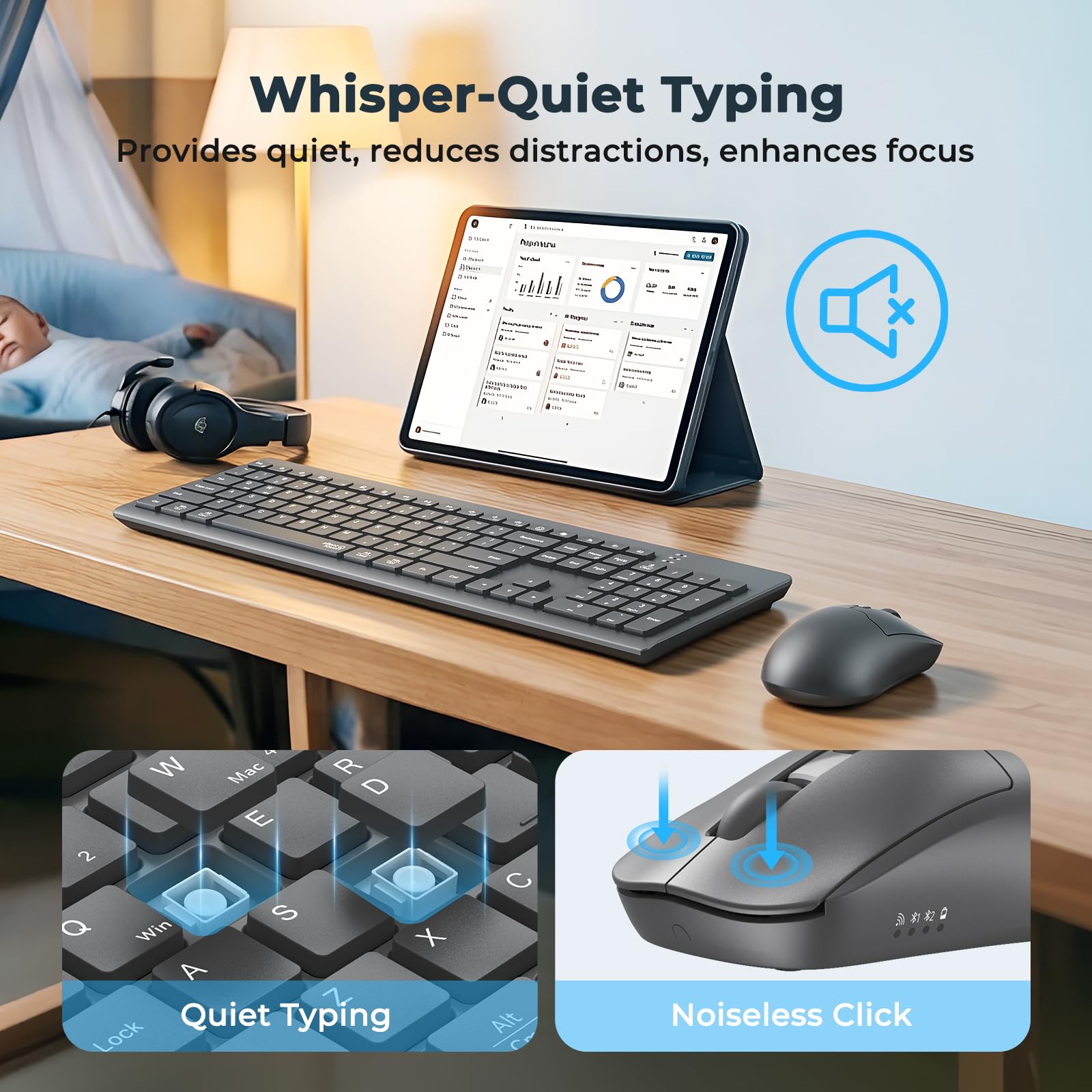Klawiatura i mysz Bluetooth, 3 połączenia wielu urządzeń, cicha, pełny rozmiar, ergonomiczna klawiatura z 4-stopniową regulacją DPI, kompatybilna z PC/laptopem/Mac/Mac/iPadem/tabletem, szara