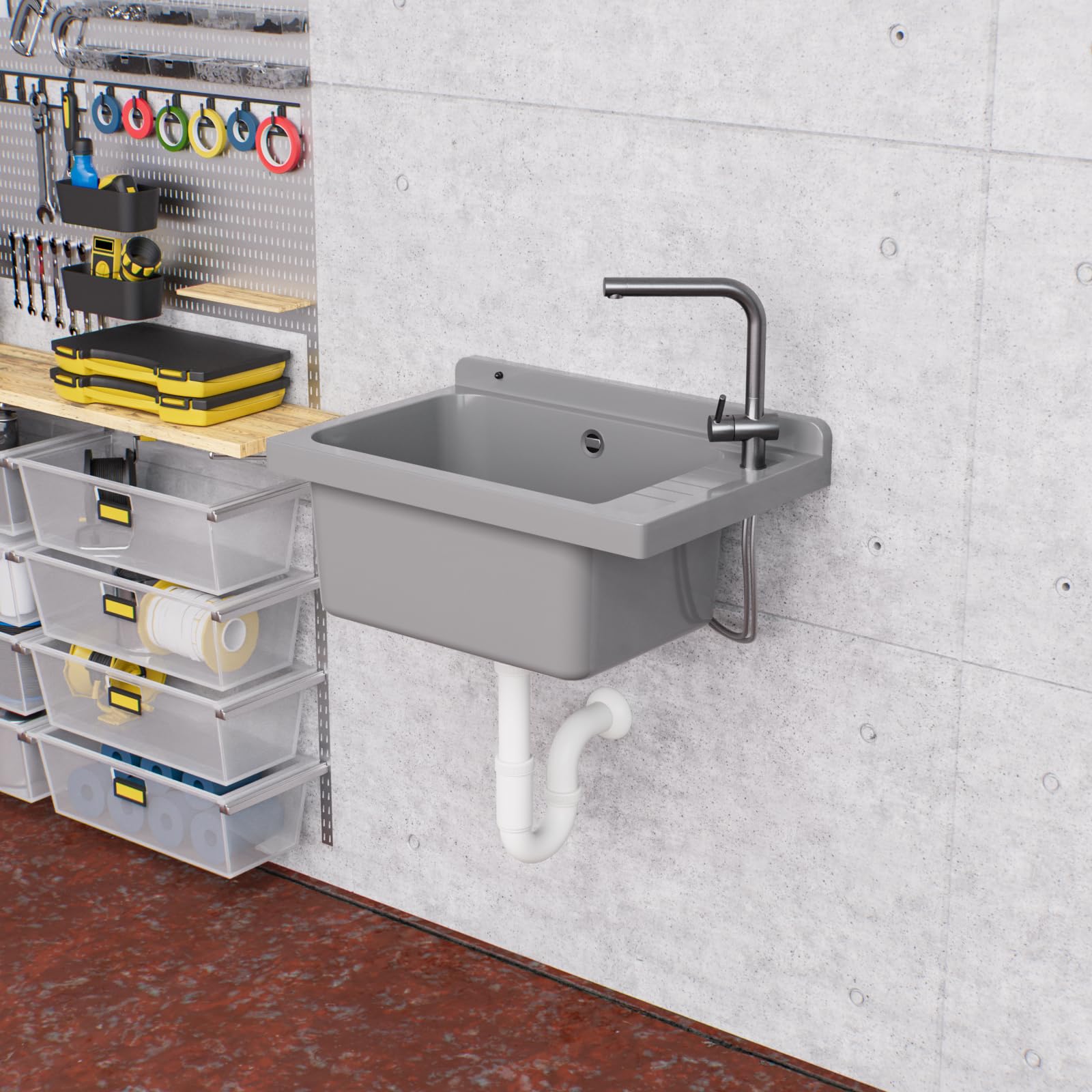 Fregadero de vertido, lavabo, lavadero, exterior, jardín, garaje, sótano, lavandería, taller (gris)