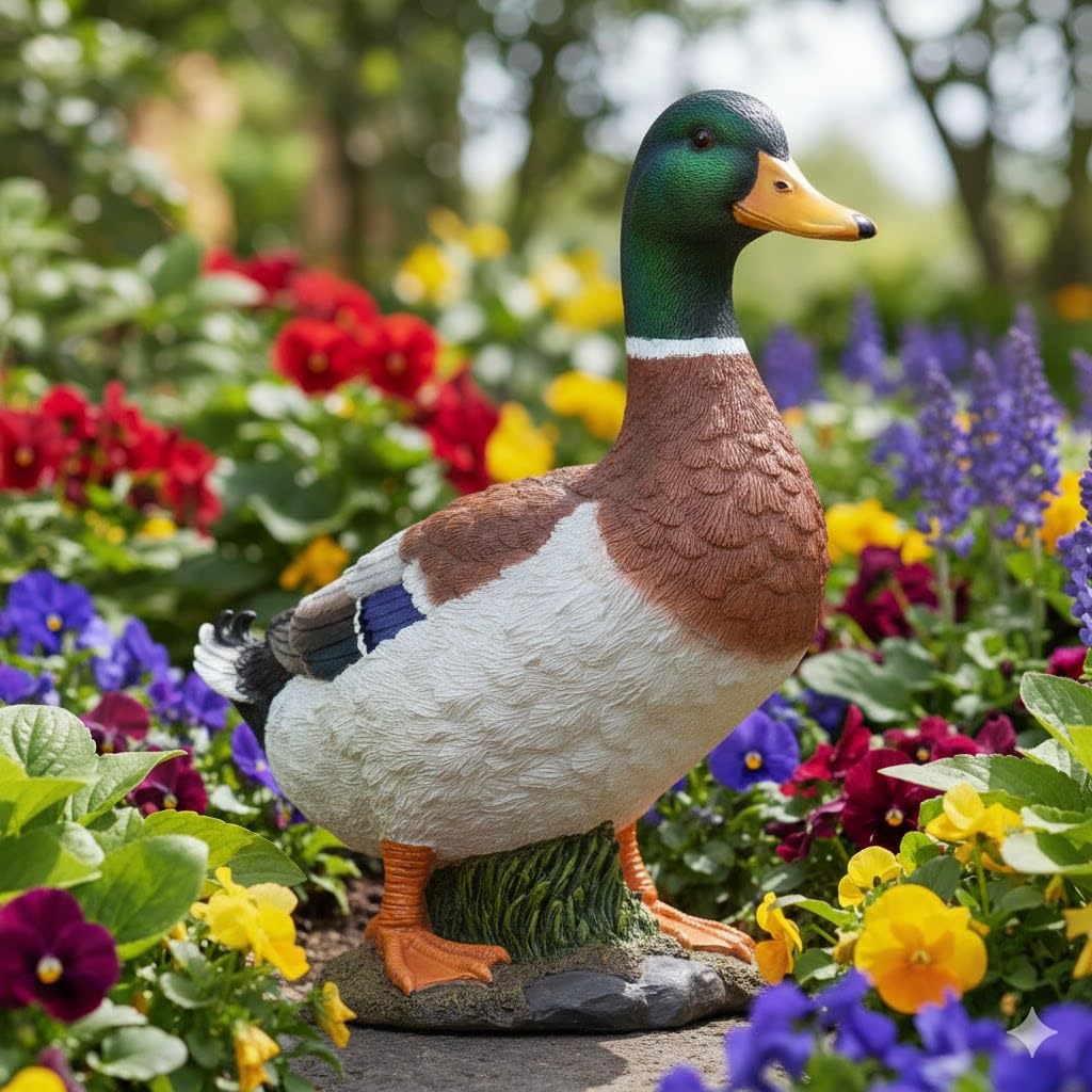 Bloomingtons Direct Brown Duck Garden Ornament Statue And Pond Ornament Highly Detailed Pond Decoration Mallard Duck Figure Garden Duck Sculpture Figurine