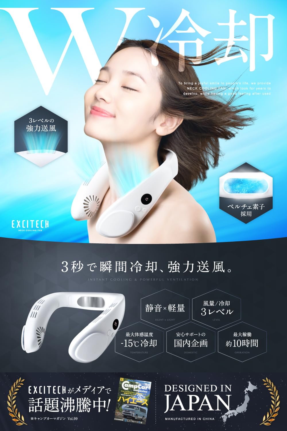 新品 ネッククーラー 首掛け扇風機 ファン 冷却プレート ペルチェ素子 大容量 Amazon | Excitech 【-15℃ 瞬間 冷却プレート】 ネッククーラー 【日本