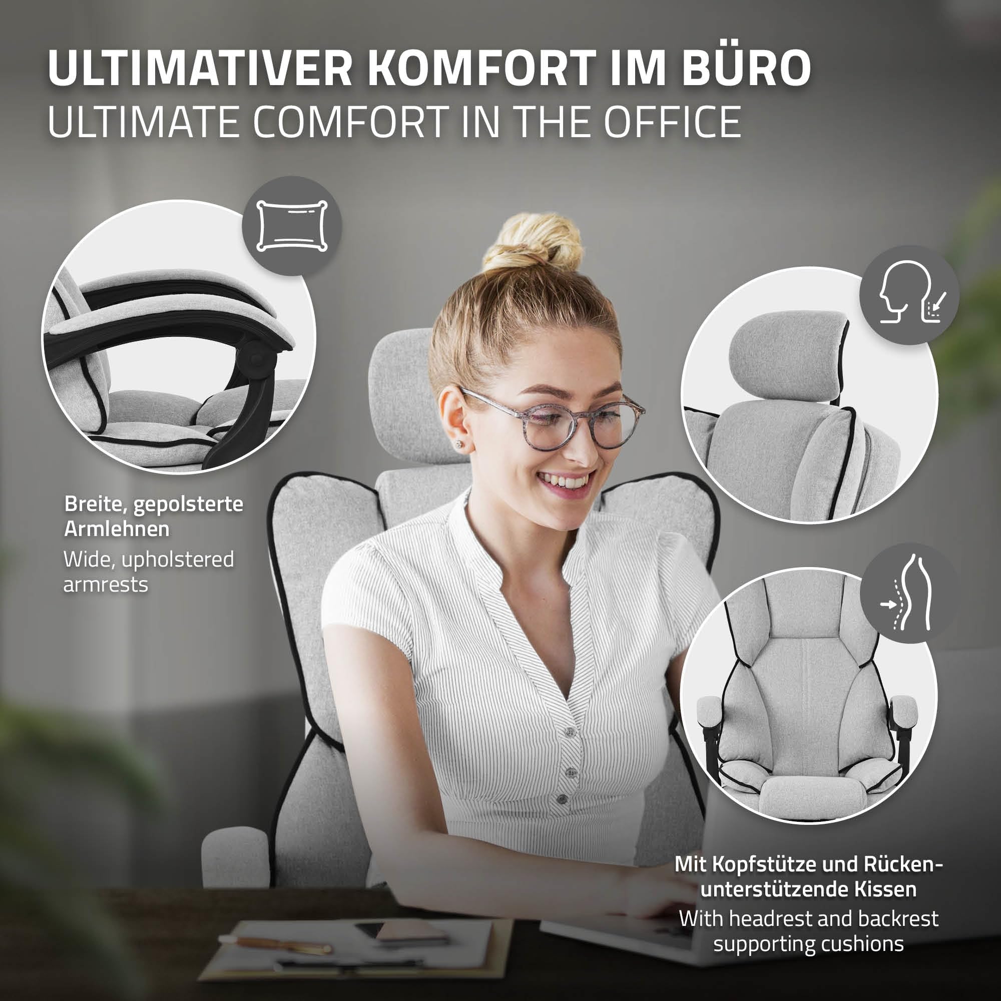 Ergonomiczne krzesło biurowe ML-Design, jasnoszare, krzesło biurowe z regulacją wysokości i wysokim oparciem, krzesło obrotowe z podnóżkiem, poduszką zagłówkiem krzesło komputerowe, krzesło gamingowe