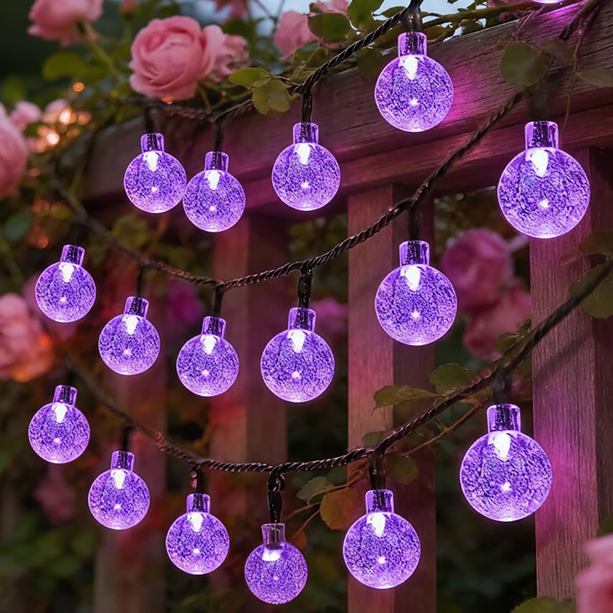 Litabur Purple Solar Fairy Lights Garden Outdoor, 60Led 8M/26Ft Solar String Lights 8 Modes With 8-Hour Timer, Waterproof Solar Powered Bubble Lights, Suitable For Garden, Party, Yard, Gazebo, Decoration (Purple)