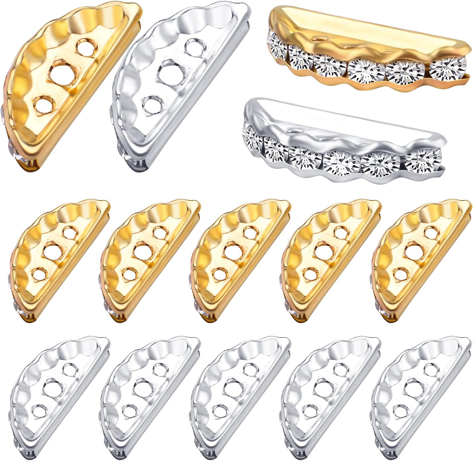 100pcs Rhinestone Spacer Bar Beads 3 Holes Alloy Half Round Crystal Spacers Link Connectors Beads for DIY Multi Strand Bracelet Crafts Jewelry Making, Gold and Silver, 19 mm x 7.5 mm