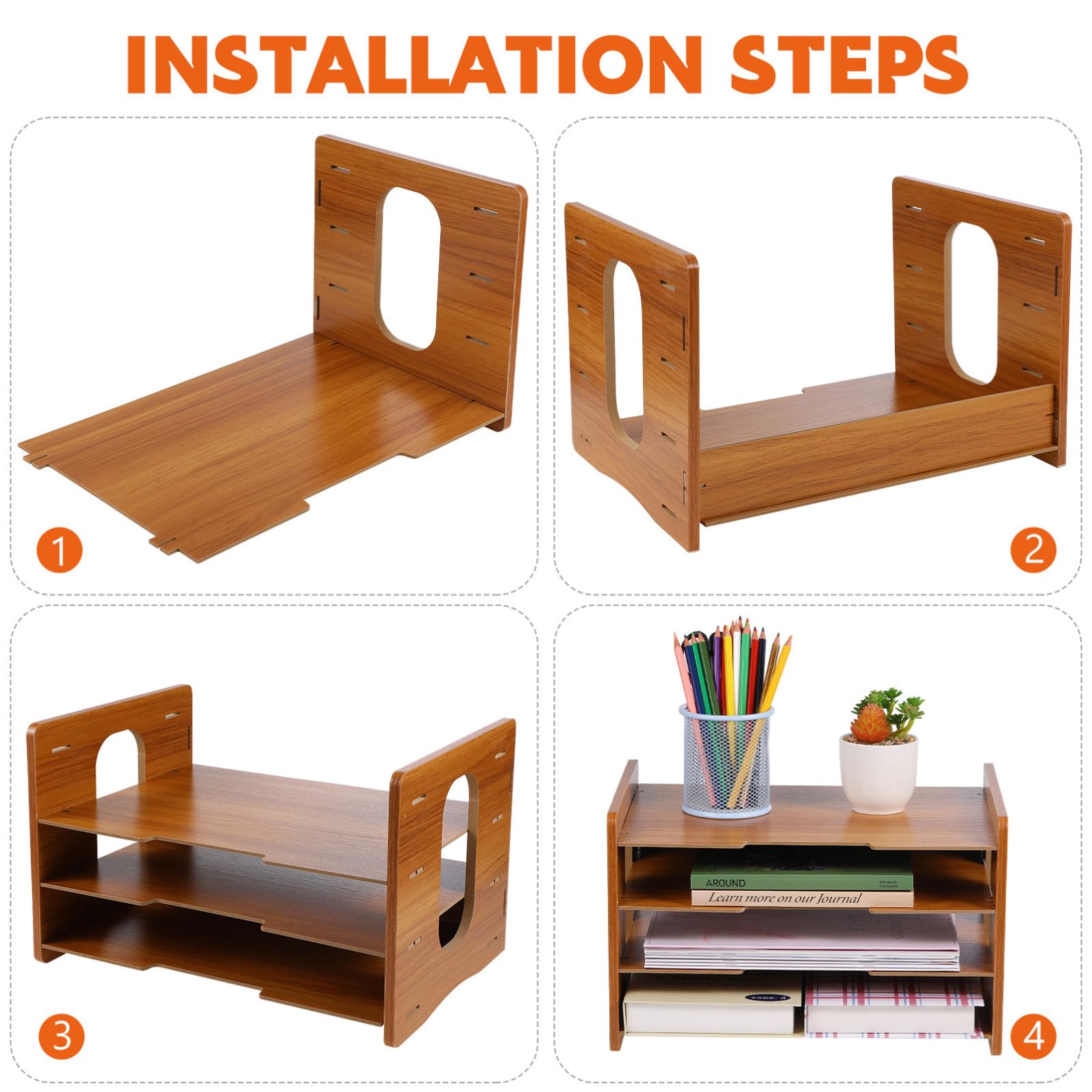 HANABASS Organizzatore Documenti da Scrivania in Legno 4 Ripiani Verticali, Struttura a Telaio, Design Semplice e Moderno per Ufficio e Casa