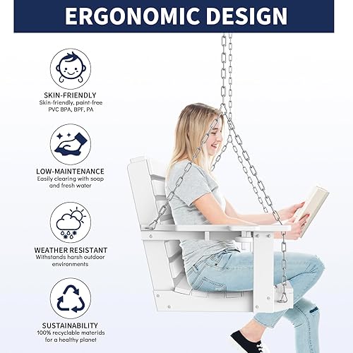 Miniatura 6 de Plawdlik Columpios de porche, silla de patio de 2 asientos con dos portavasos, banco impermeable de polietileno de alta densidad para patio, color