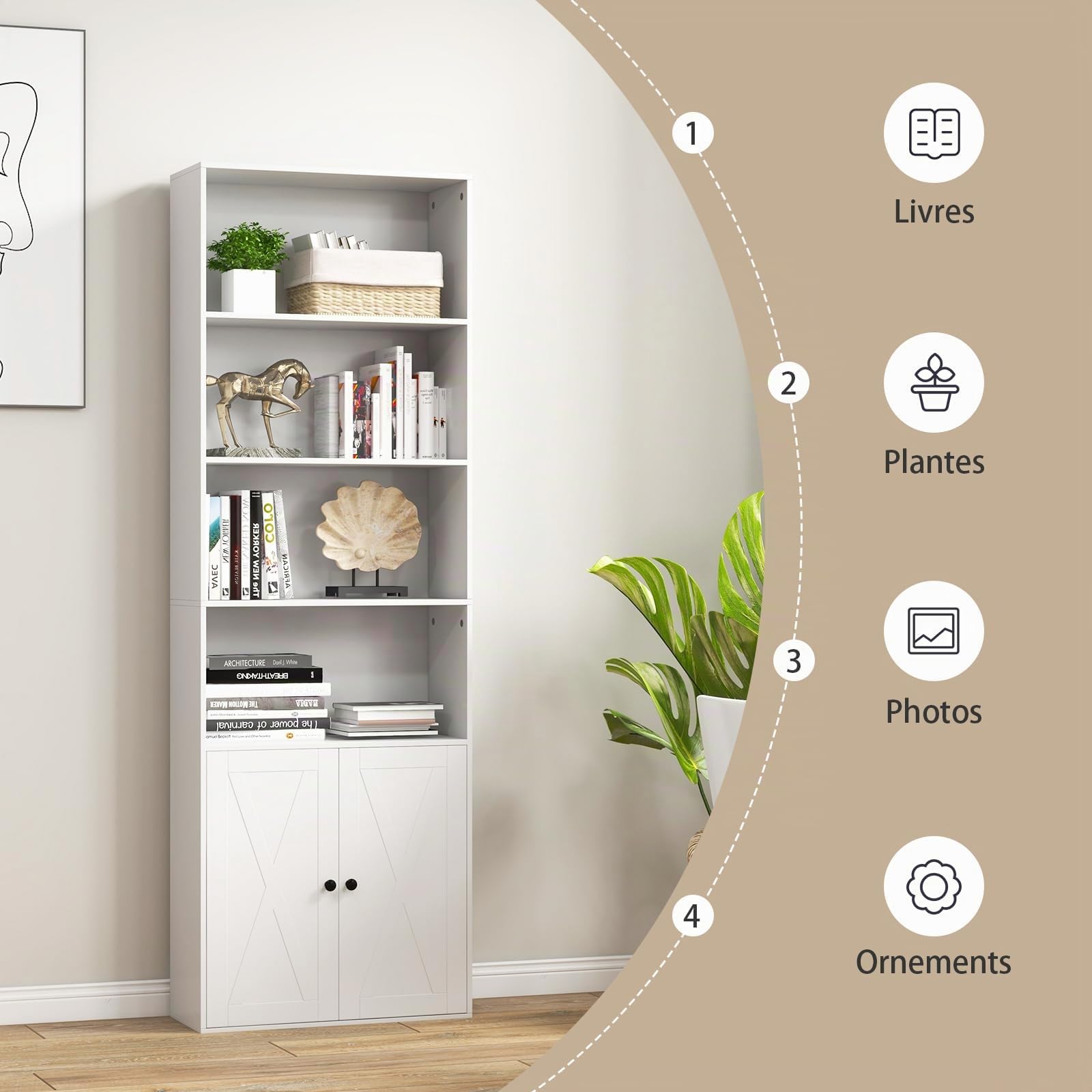COSTWAY Bibliothèque Étagère 180 cm, Colonne de Rangement 6 Étagères, Armoire d'Affichage à 2 Portes avec Étagère Réglable, pour Salon, Bureau, Chambre, 60 x 24 x 180 cm, Blanc