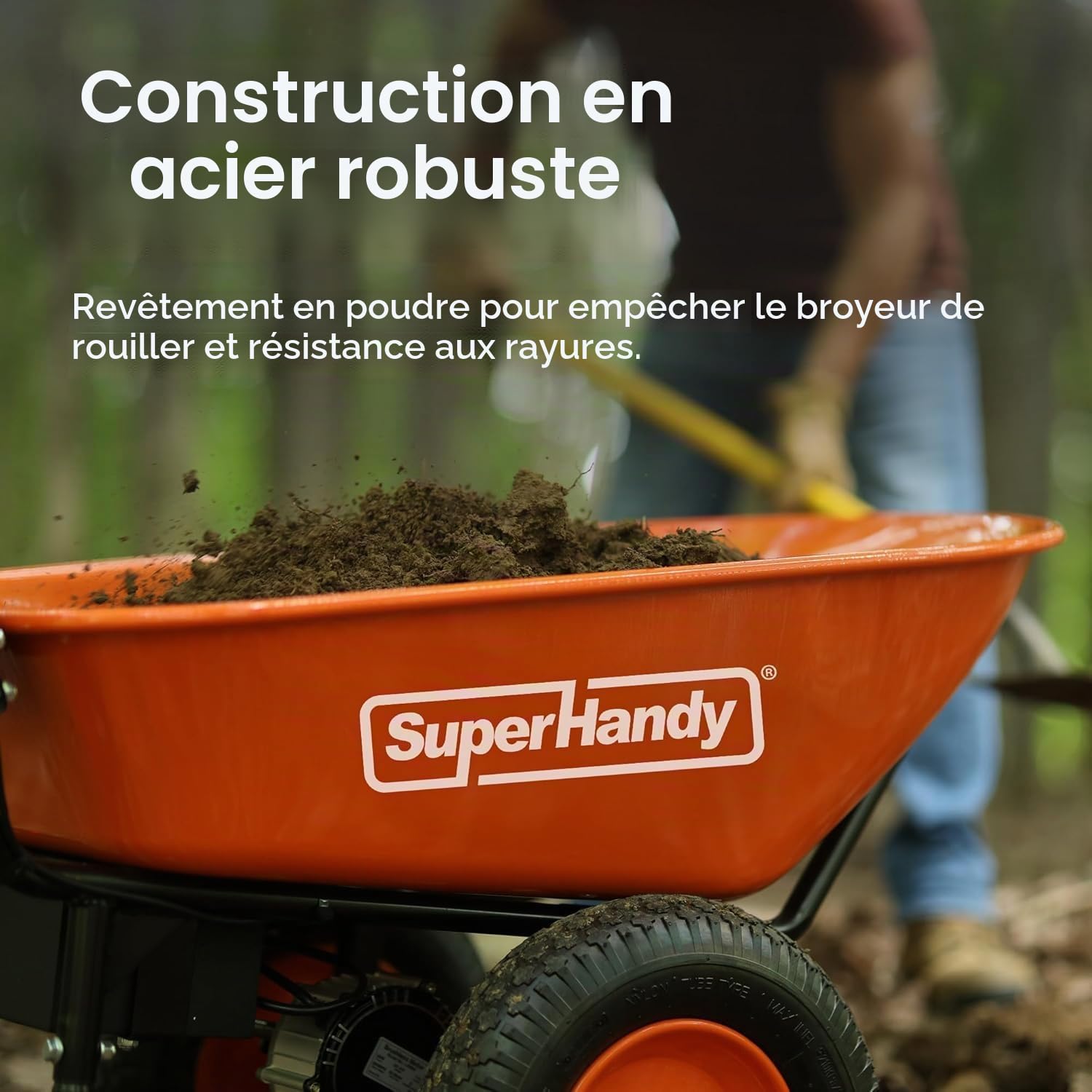 SuperHandy Brouette Électrique – Batterie Li-ION 48V, Capacité 150kg, Bac en Acier Revêtu de Poudre de 85L, Chariot Utilitaire pour Matériaux et Débris | Bac en acier thermolaqué robuste; idéal pour transporter matériaux, outils et débris dans le jardin e